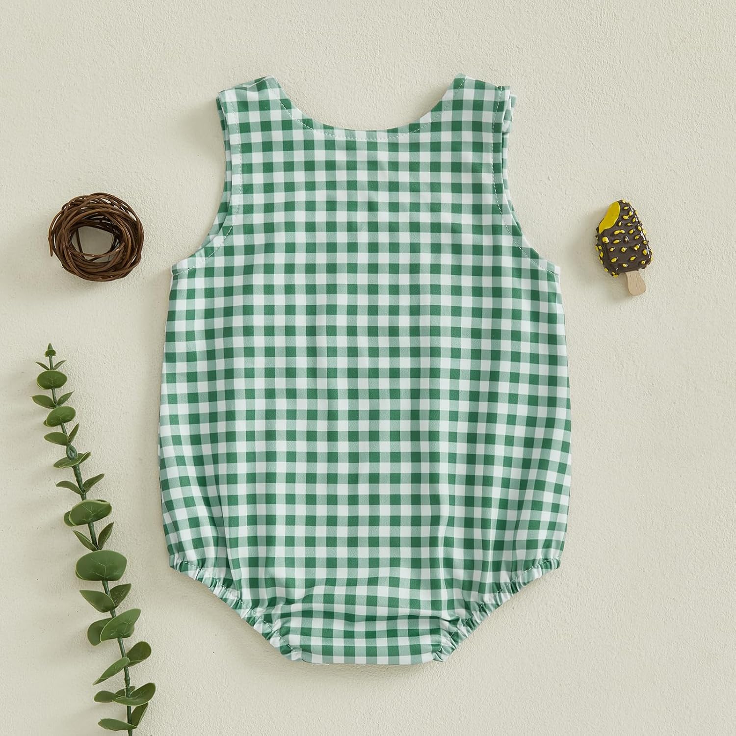 Newborn Baby Boy Summer Clothes Mallard Duck Embroidery Bubble Romper Plaid Sleeveless Bodysuit Hunting Outfit - Image 4