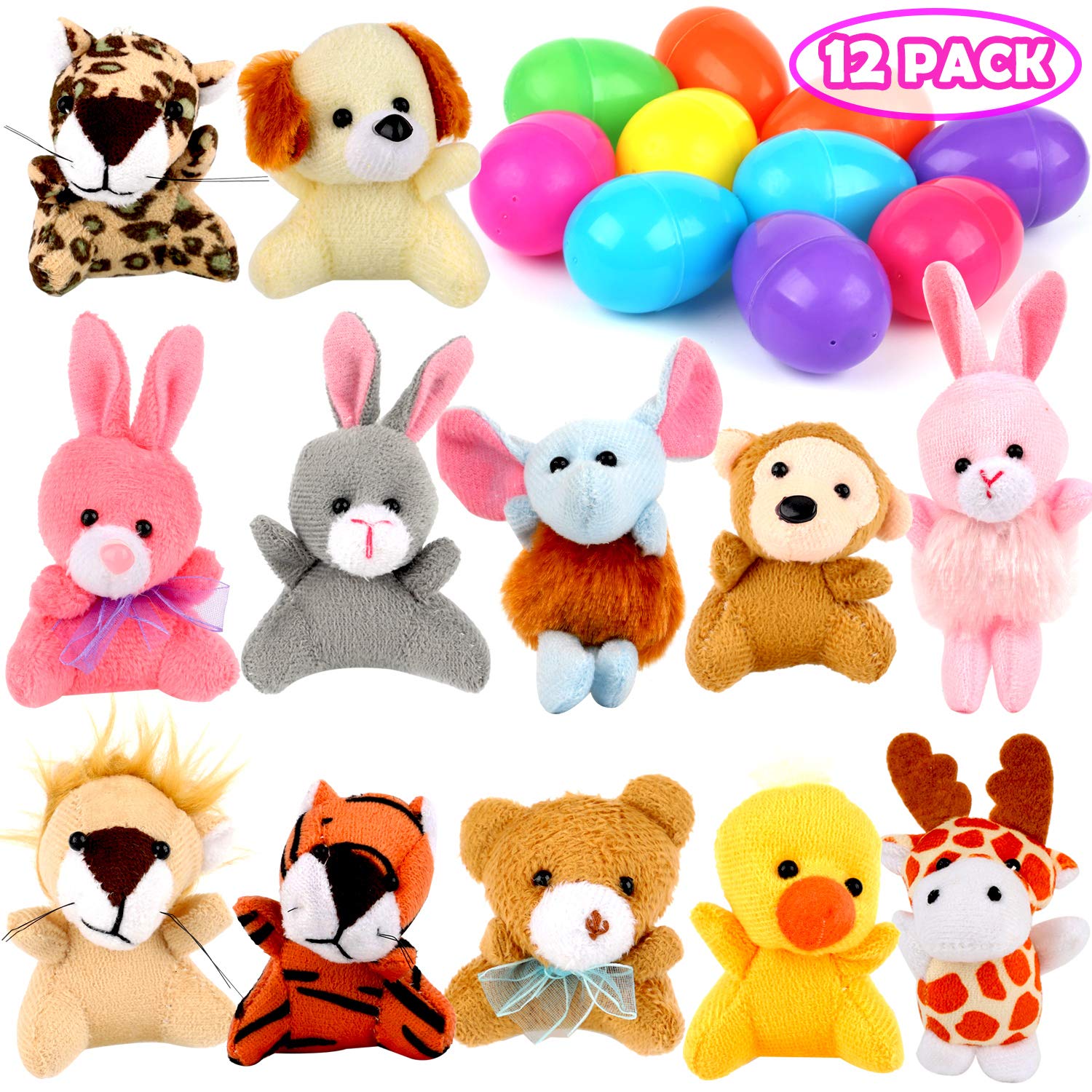 12 Pack Prefilled Easter Eggs with Animal Plush,3.15" Colorful Plastic Eggs Filled Stuffed Toys for kids Easter Hunts, Basket Stuffers, Easter Party Favor