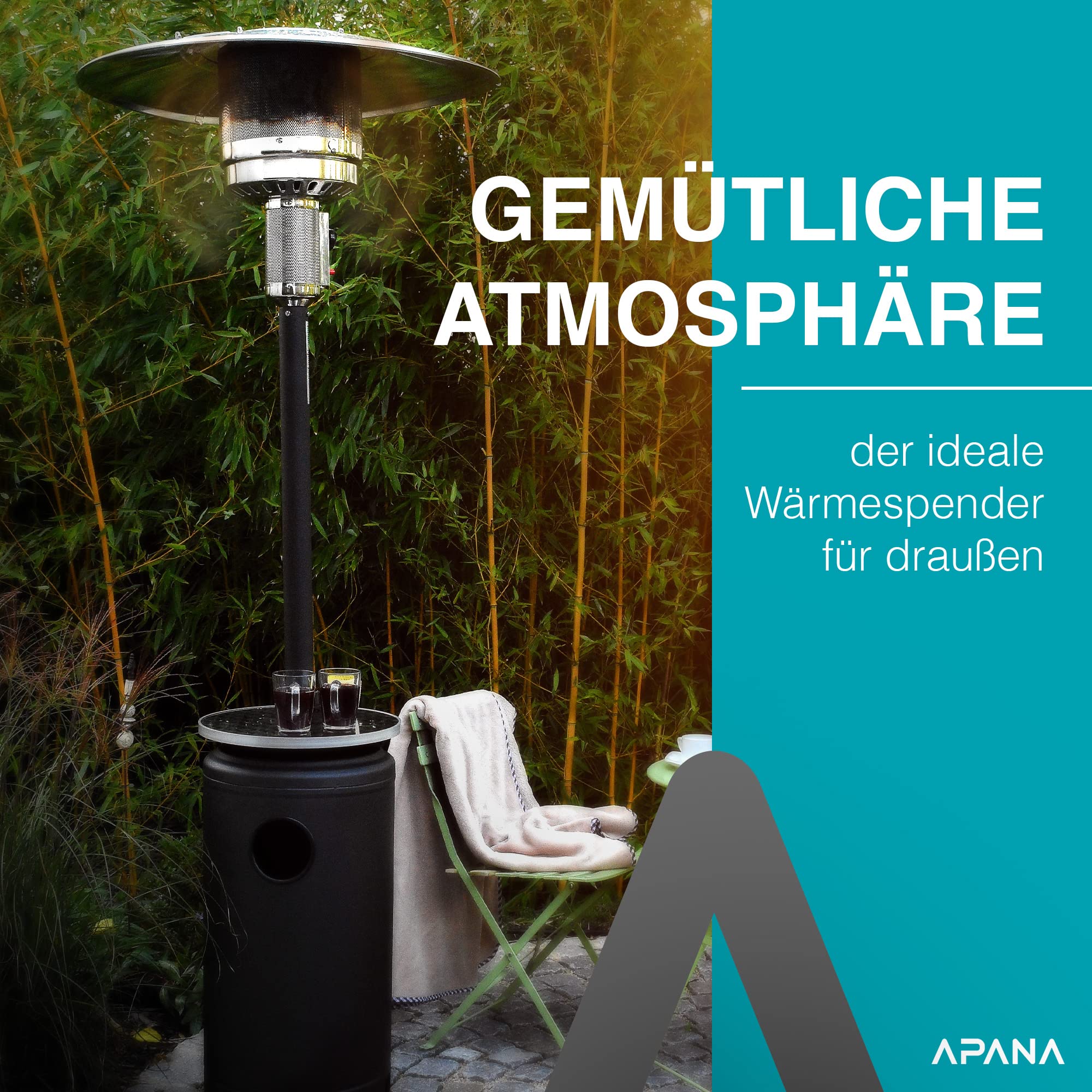 APANA 14 kW Gas Heizpilz Bellamente ONE – Terrassenheizer mit Abschaltautomatik, Umkippsicherung, Gasheizstrahler für außen, Schwarz, Outdoor Heizstrahler, Transportrollen Balkon Garten