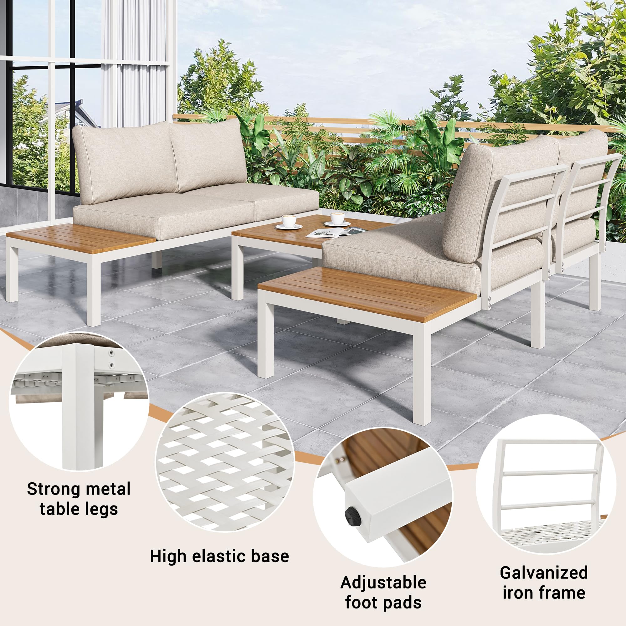 Set da giardino resistente alle intemperie con telaio in acciaio zincato (2 divani a 2 posti, 2 tavolini e 1 tavolino), piano in legno di acacia, il rivestimento in tessuto può coprire