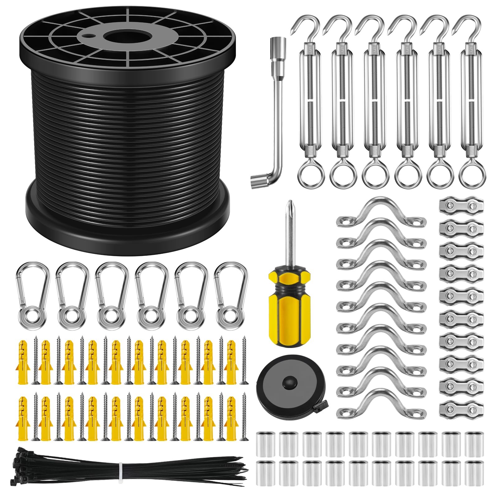 NEREUS String Light Hanging Kit with 200 Ft Vinyl Coated 304 Stainless Steel Cable, String Light Suspension Kit, Guide Wire with Turnbuckles and Hooks for Patio, Backyard Lighting Accessories