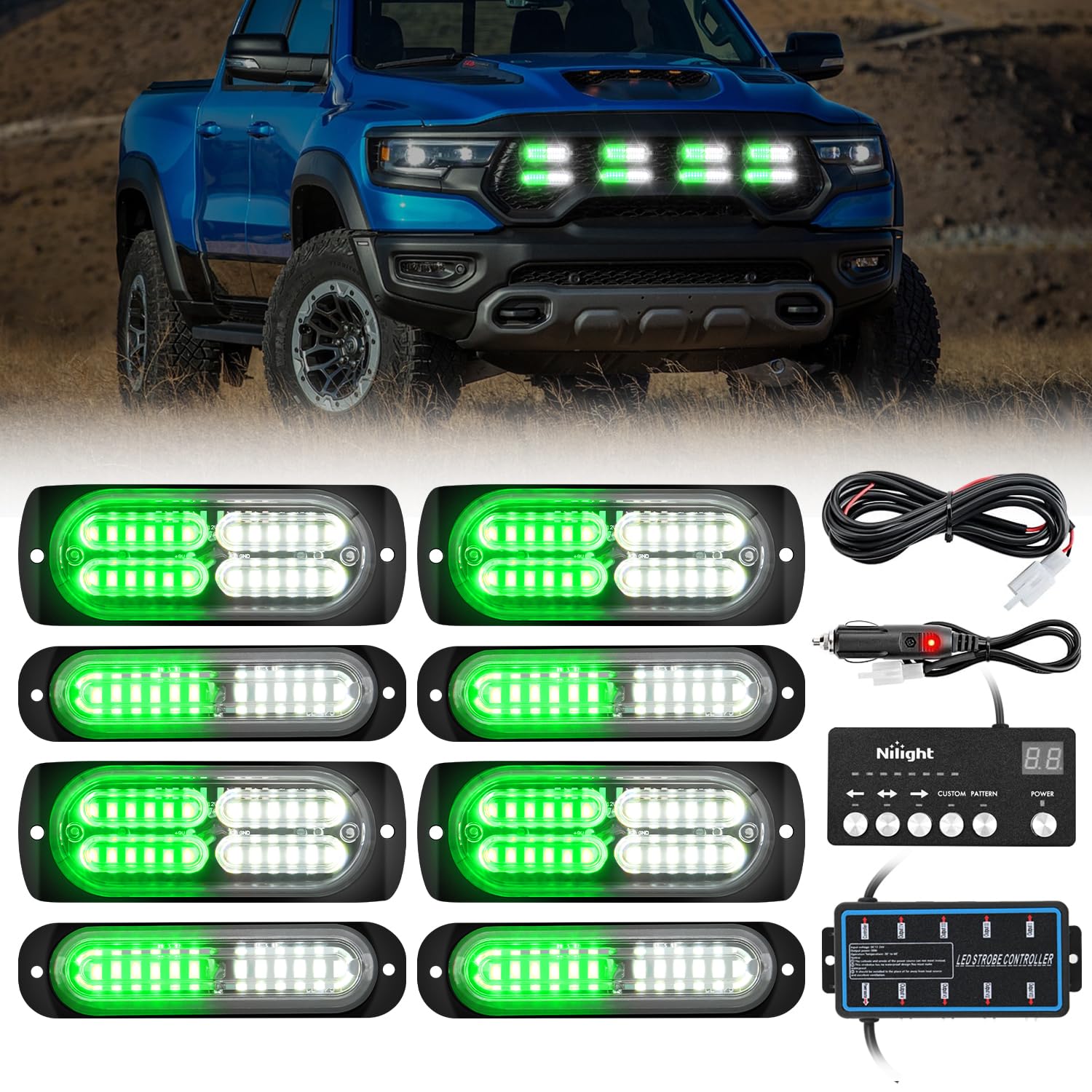 Nilight 8PCS Led Strobe Lights with Controller 12V 24V Sync Green White