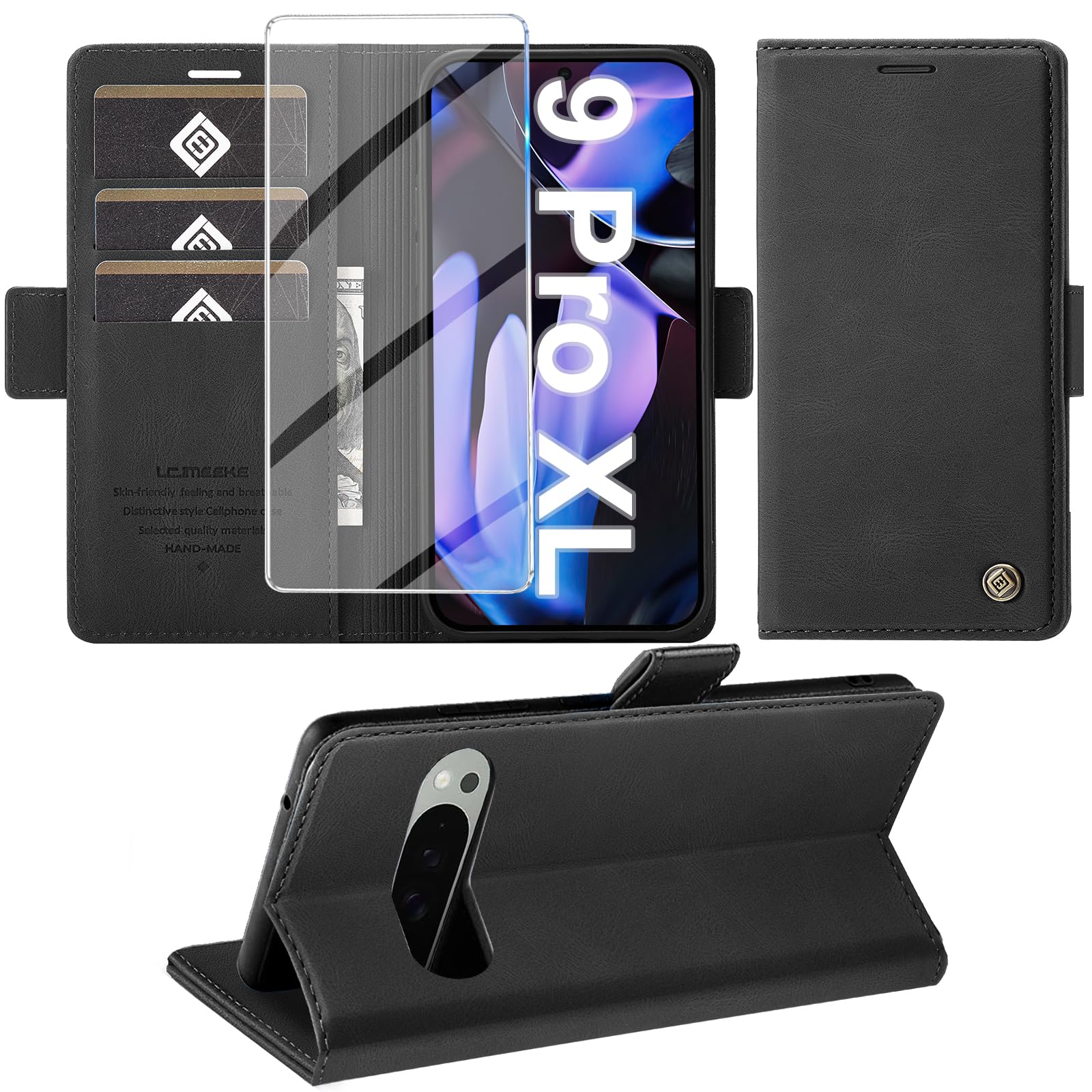 Giyer Handyhülle für Google Pixel 9 Pro XL Mit Schutzfolie - Premium Leder Wallet Klapphülle Mit Standfunktion und Kartenfach - Flip Case (Schwarz)