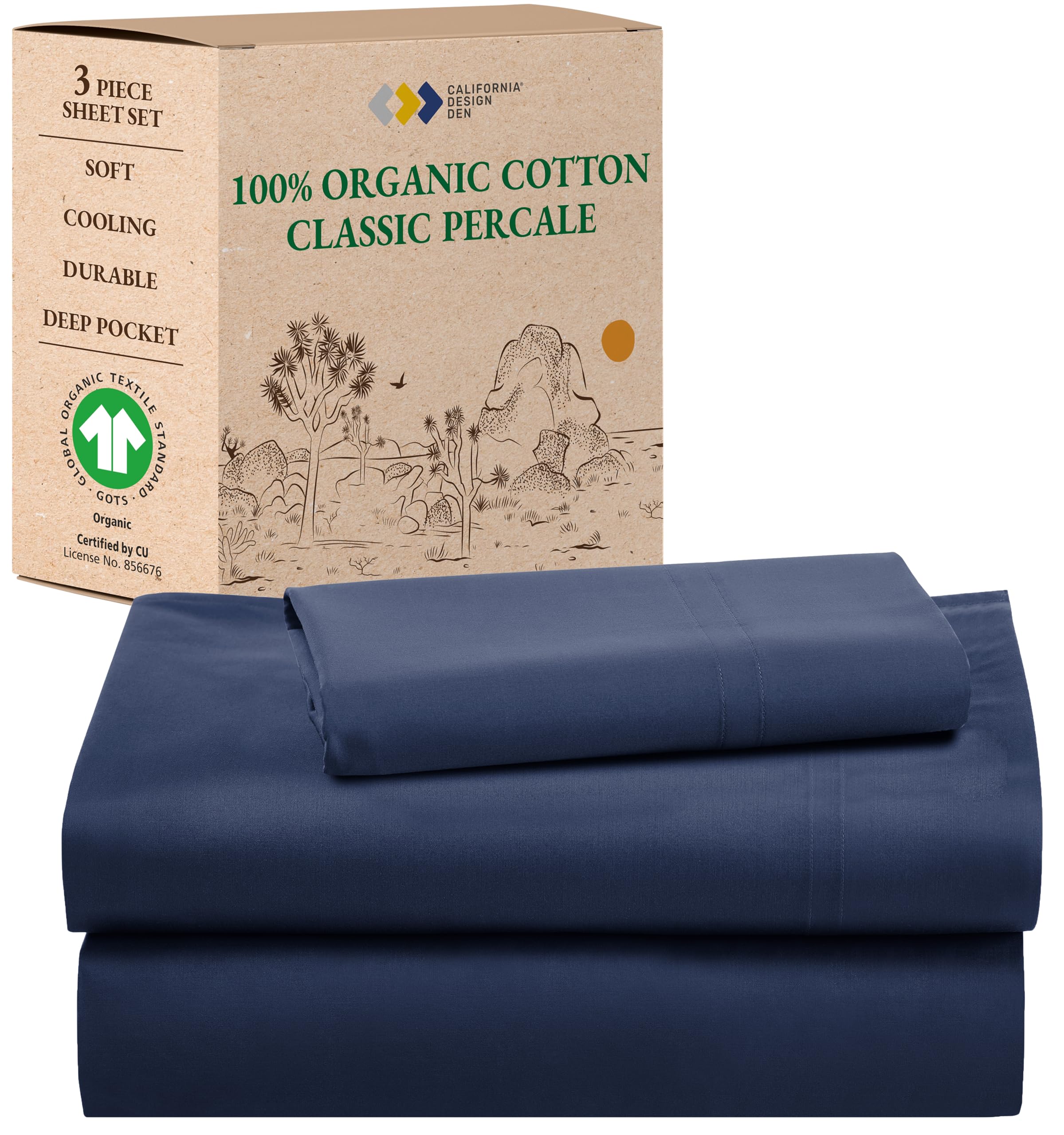 california design den twin bed sheet set - soft 100 organic cotton sheets with deep pockets crisp percale breathable and durable bedding set - navy blue