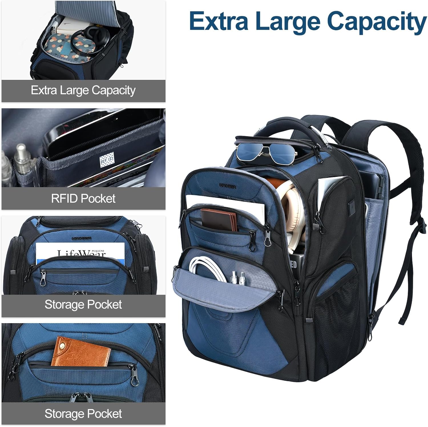 KROSER TSA Friendly Travel Laptop Backpack 18.4 inch XXXL Gaming Backpack Water-Repellent College Daypack Business Backpack with RFID Pockets & USB Port for Men/Women-Black/Haze Blue