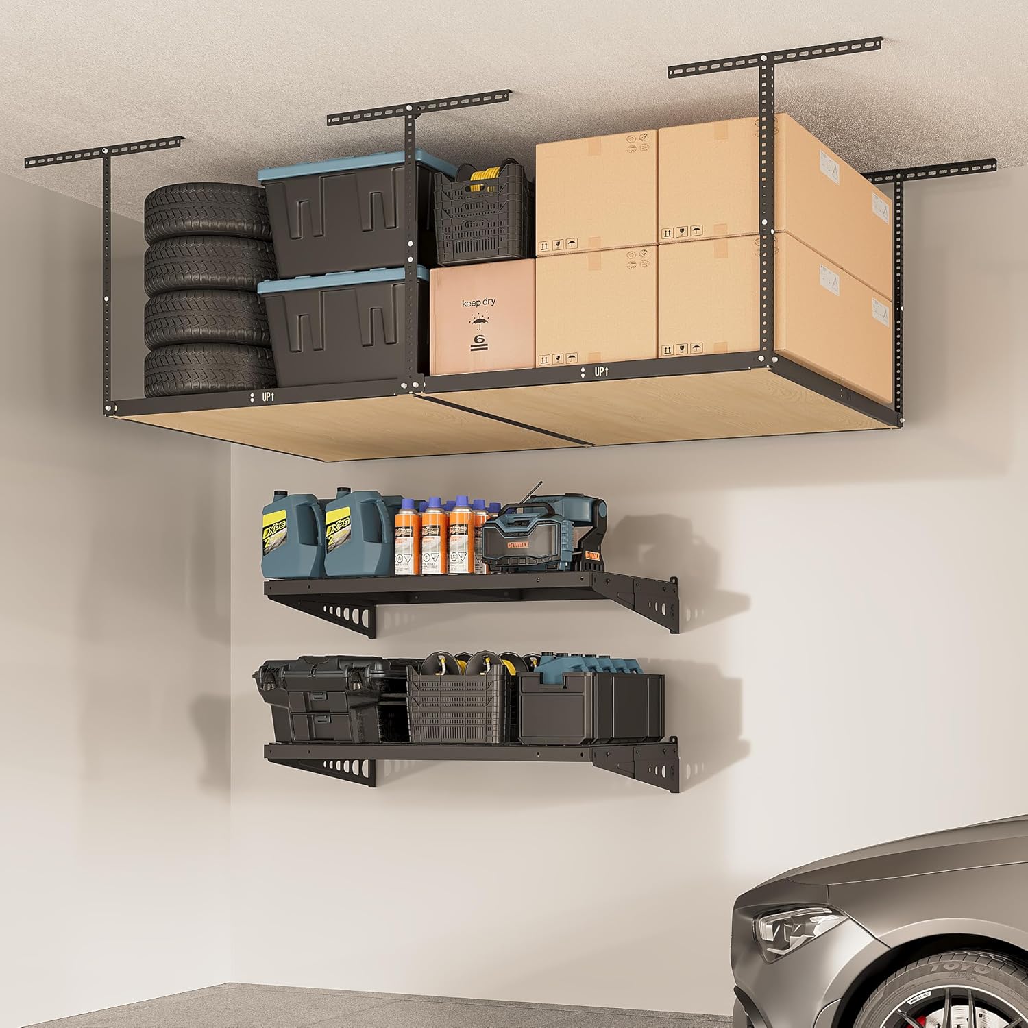 FLEXIMOUNTS 4x8 Overhead Garage Storage Rack without Decking, plus 2-Pack 2x4ft Wall Shelving Rack for Bikes and Tools, 450lbs+440lbs Capacity, Heavy-Duty Garage Organizer, Black