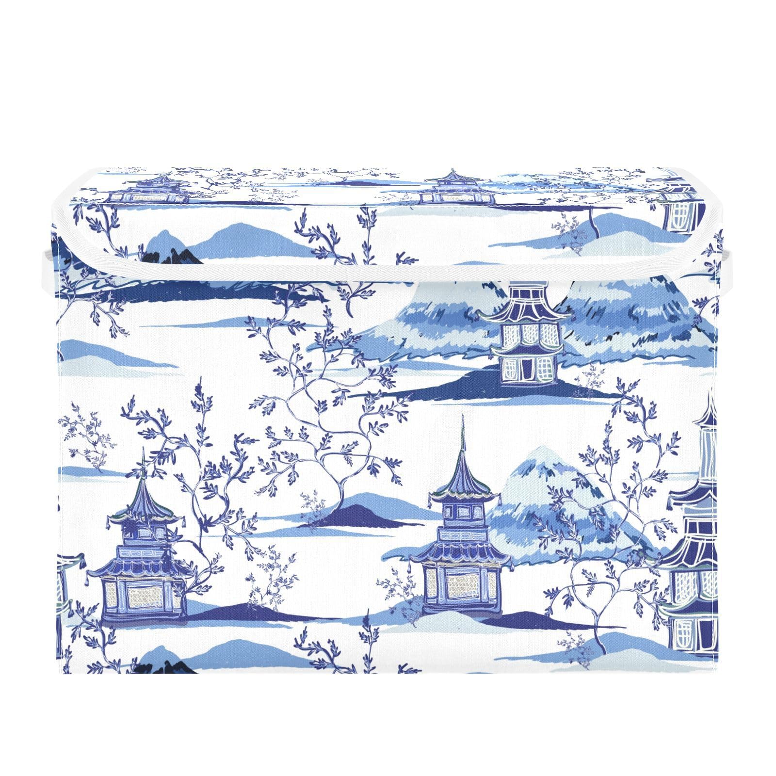 susiyo Beautiful Ink Chinoiserie Pagodas Storage Bin Large Collapsible Storage Box Stackable design Fabric Storage Bins with Lids Decorative Multi-Color Foldable Organizing Baskets For Closet, Utility