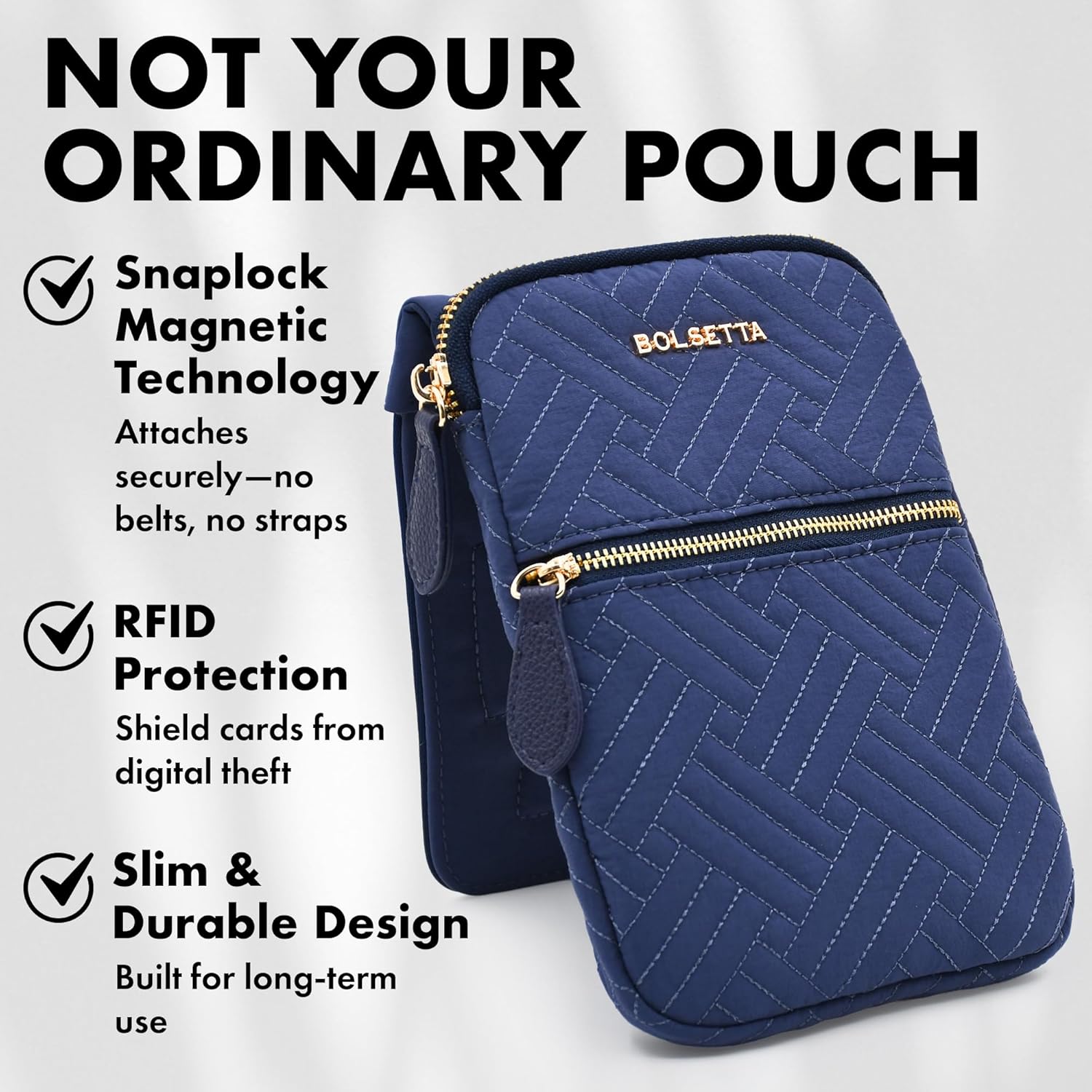 Magnetic Hip Pouch - RFID Blocking Pouch and Key Fob Protector - Zippered Pocket, Magnetic Snaplock Attachment - Lightweight Travel Wallet, Hip Bag for Concerts and Errands - Navy Quilt