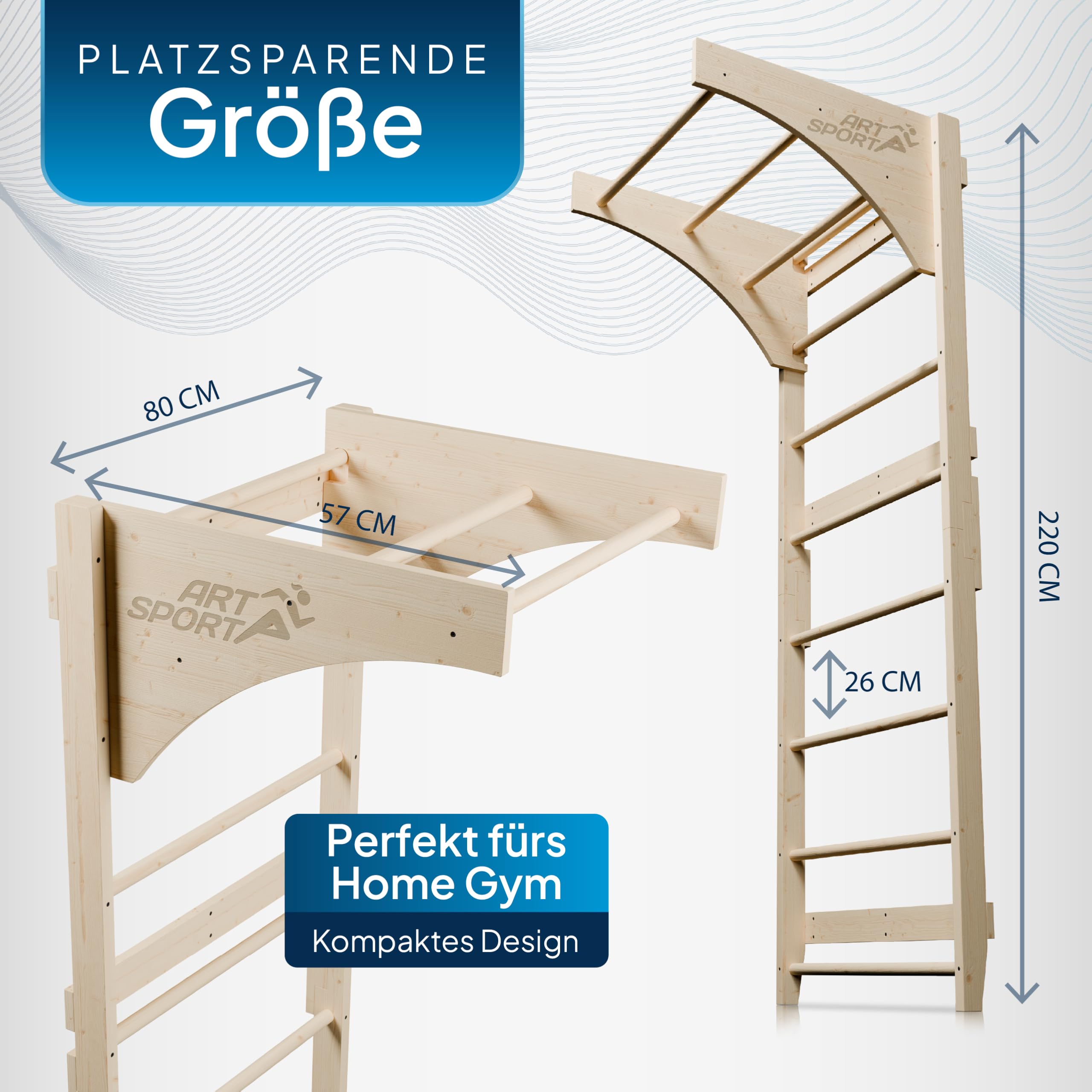 ArtSport Sprossenwand für Erwachsene – Indoor Klettergerüst aus Holz mit Klimmzugstange, stabile Kletterwand zur Wandbefestigung für Fitness & Training – Natur