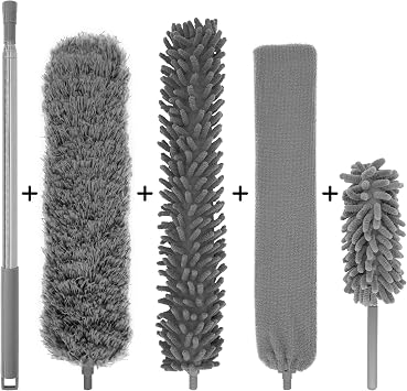 5-in-1 Microfiber Duster with Extension Pole 30-100" Kit for High Ceiling, Fan, Cobweb, Blind & Furniture, Bendable Washable Heads, Reusable Dusters for Cleaning