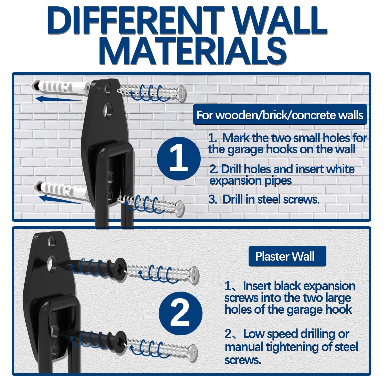 3-H Crochet Mural Garage,Porte Outils Mural en Acier Robuste avec 3 Points de Soudure Renforcés et Revêtement PVC Antidérapant pour Rangement Outils de Jardin,Échelle,Tuyaux et Atelier,Noir,8pcs
