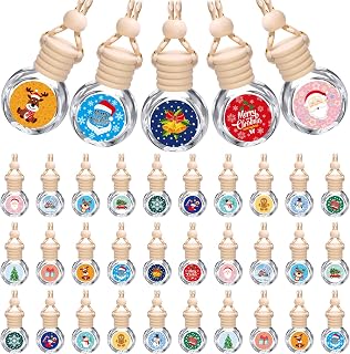Meanplan 50 Pcs Christmas Car Diffuser Bottles Hanging Car Air Freshener Employee Appreciation Gift Bulk Empty Glass Perfume Bottle with Christmas Stickers for Essential Oil Fragrance(Oblate,10ml)