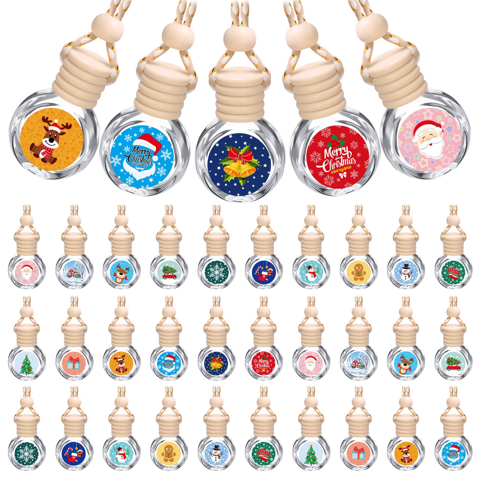 Flacon diffuseur voiture Noël pour huiles essentielles, fiole suspendue en verre avec stickers