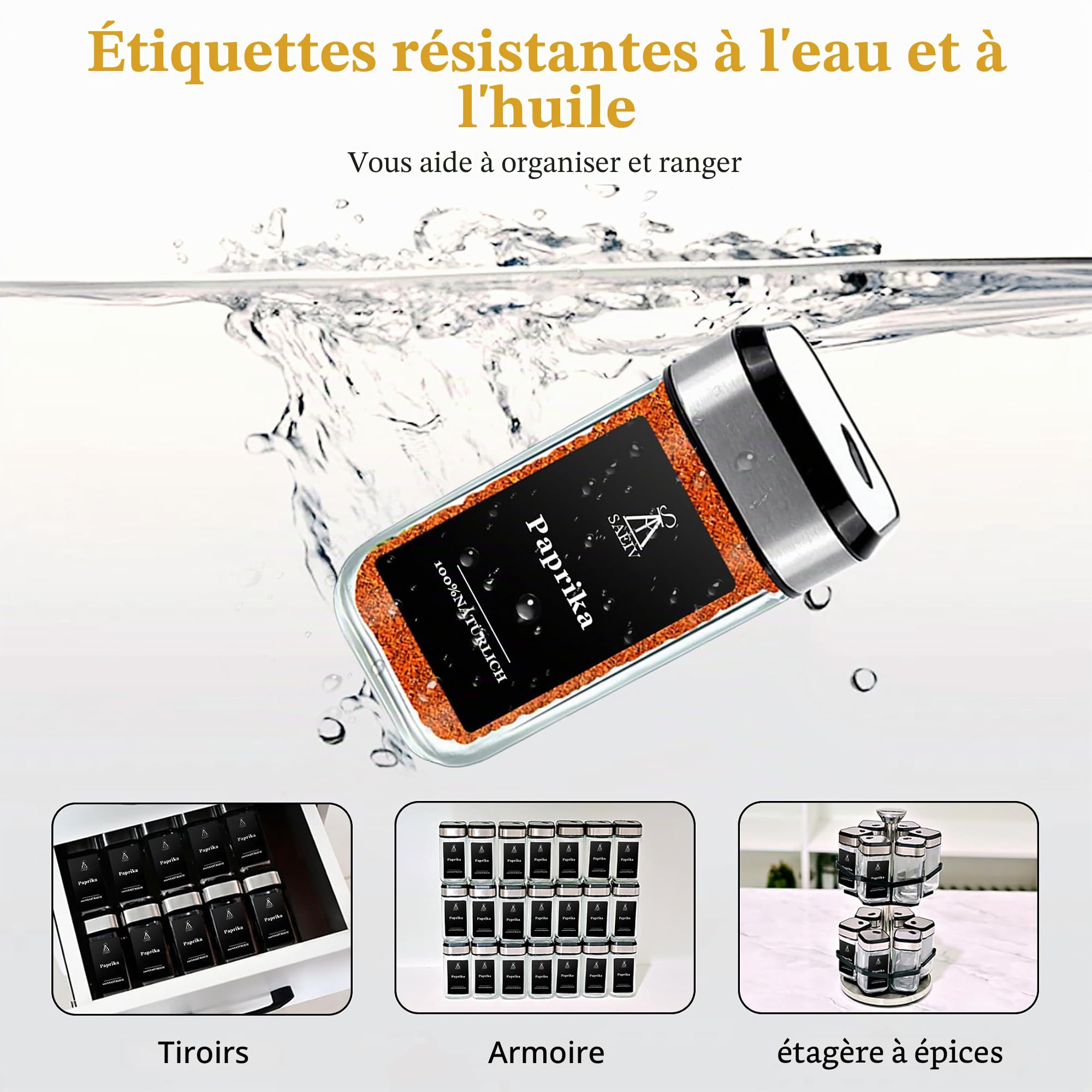 SAEIV Lot de 24 pots à épices en verre rotatif à 360° - Trois calibres - Réglable librement - 24 pots à épices avec étiquettes à épices - Organisation parfaite pour la cuisine - Boîtes à épices en