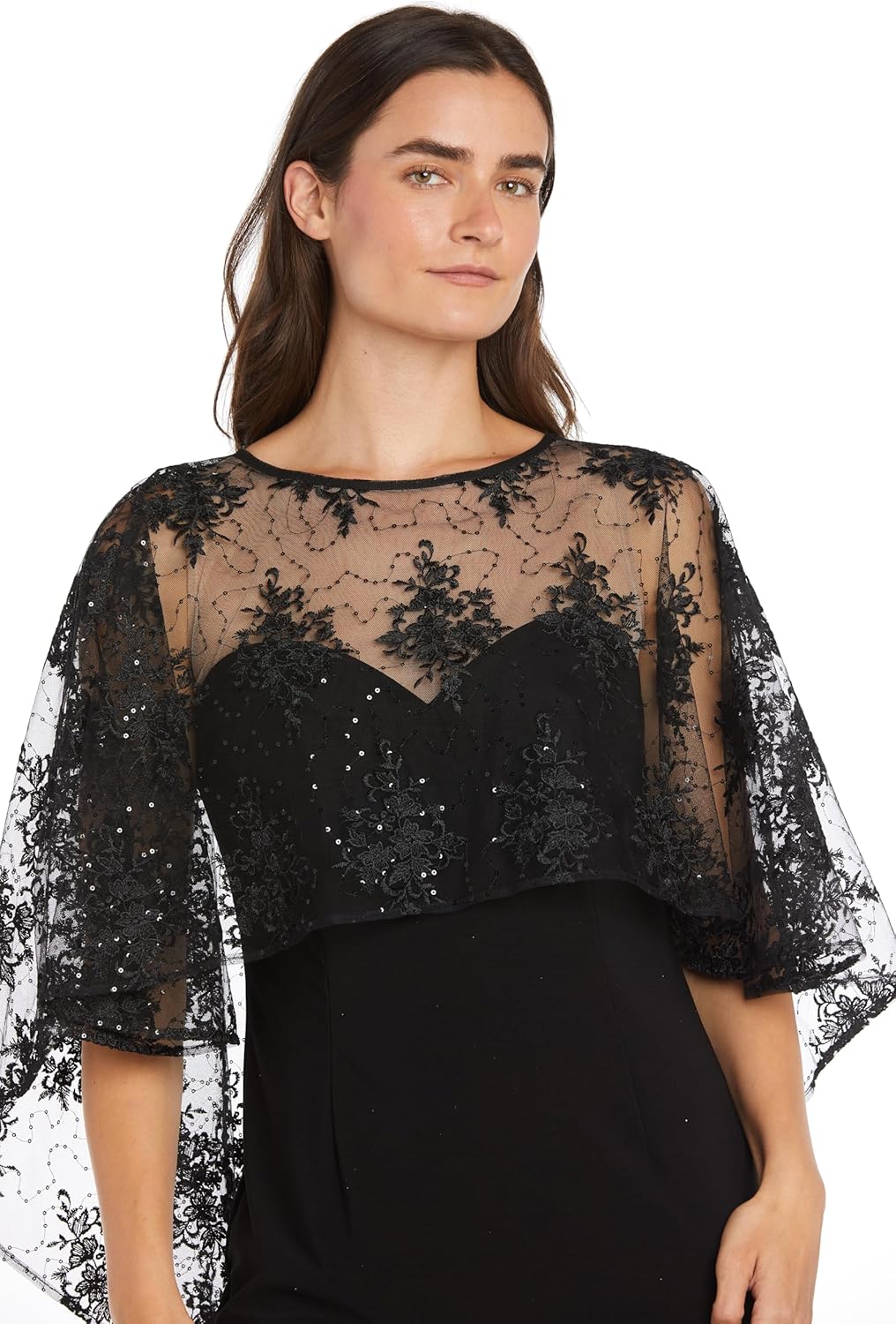 r&m richards women's evening dusk capelet dress 16 black/taupe