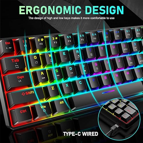 Miniatura 4 de Combo de teclado mecánico y mouse con cable 65% para juegos, mini 68 teclas, retroiluminación RGB, ligero RGB 6400DPI Honeycomb Optical Mouse Pad
