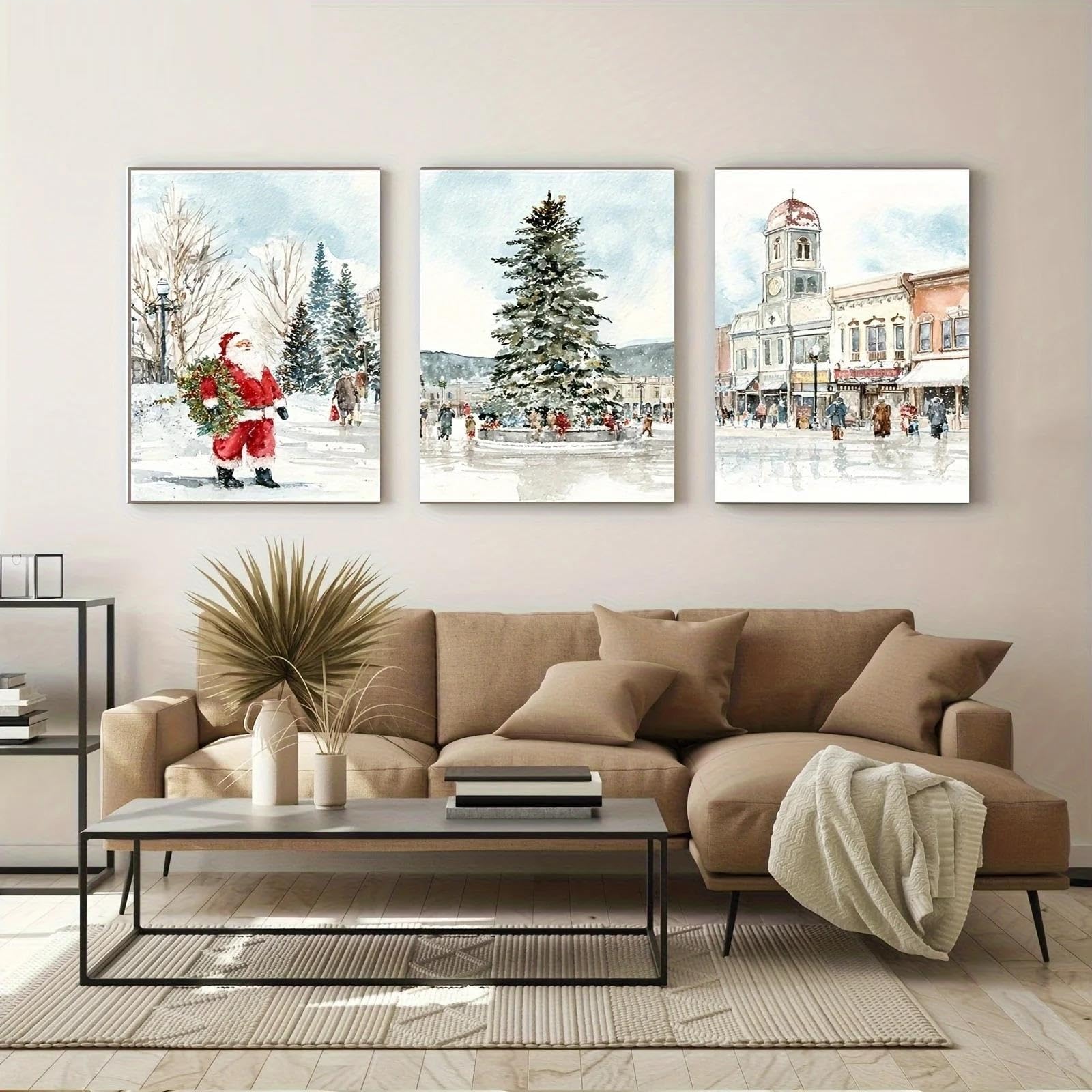 Yocheng 3pcs Christmas Street Scene Triptych Wall Art-Vintage Abstract Winter Canvas Prints 60x80cmx3 No Frame