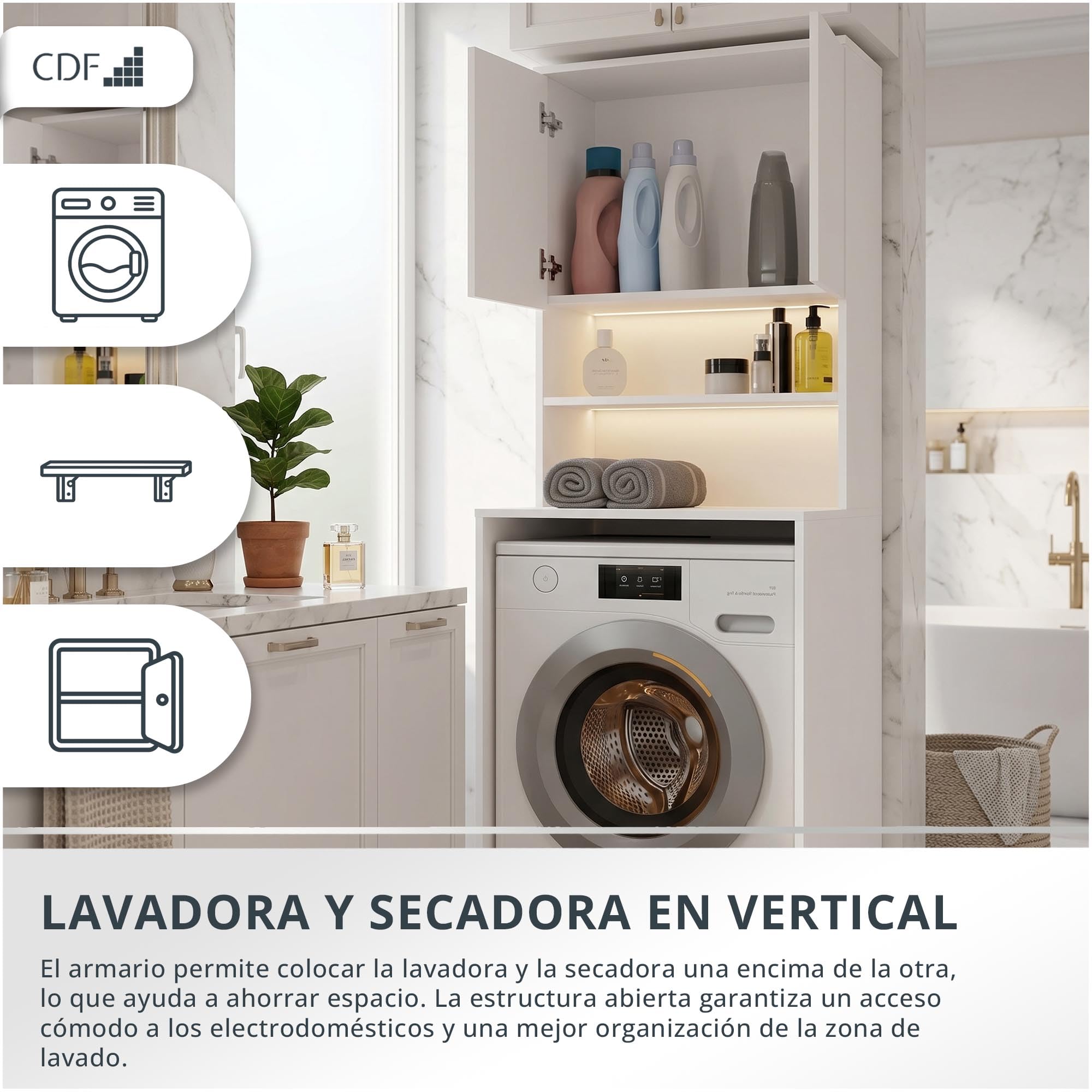 CDF Armario de baño poste para lavadora y detergentes - Estante de baño de lavandería - Muebles para accesorios de baño Medidas de limpieza funcional práctico - Ahorro de espacio - Campos Blancos