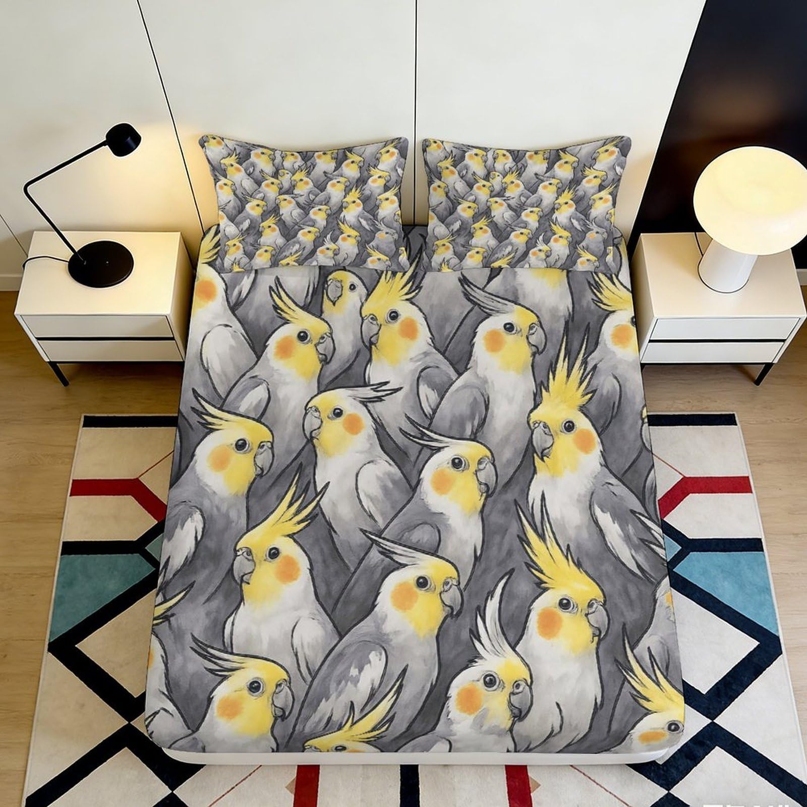 3D Printed Cockatiel Parrot Fitted Sheet Microfiber Soft Decorative Bird Bed Cover for Bedroom Guest Room Dorm Mattress Protection 90x200x25cm