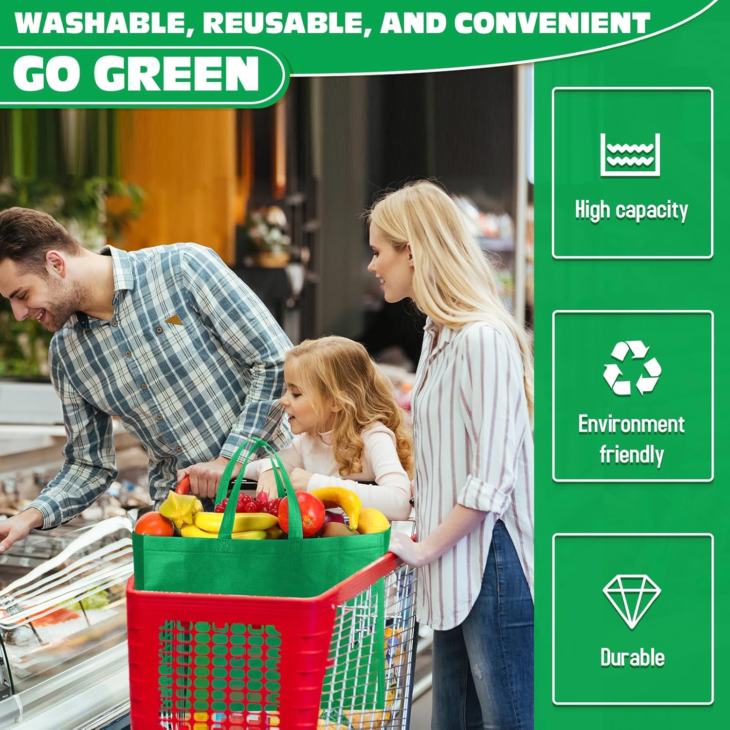 Windyun Reusable Grocery Bags Large Non Woven Shopping Bags with Handles Foldable Portable Tote, 16x6x12 Inch