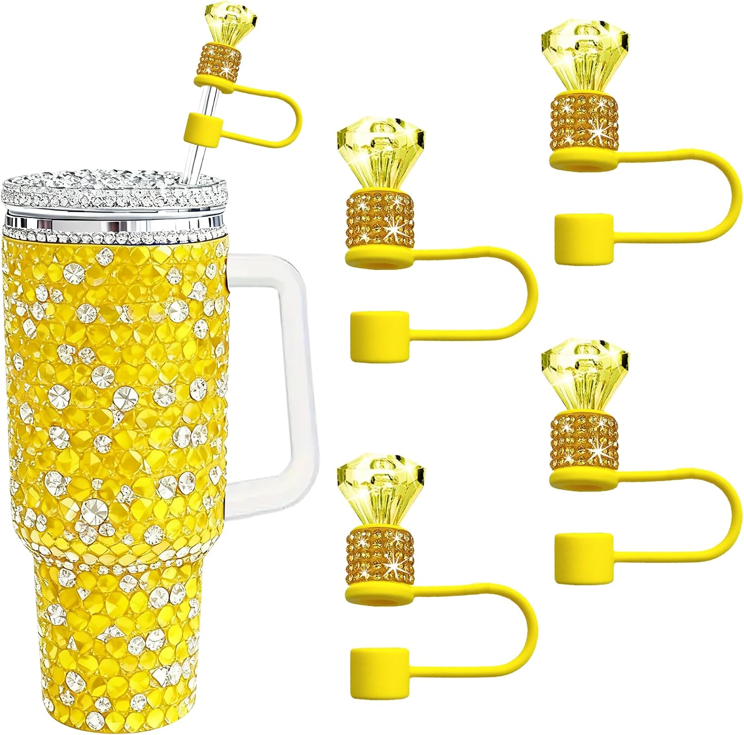 4 Pcs Yellow Diamond Straw Topper Set, Rhinestone Caps for Stanley