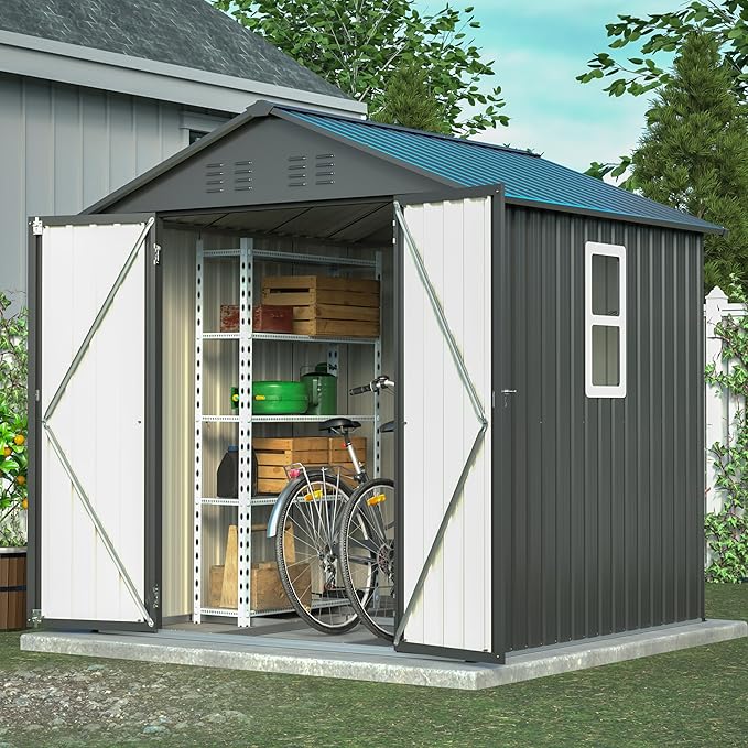 6x6 FT Outdoor Tool Storage Shed with Metal & Lockable Doors