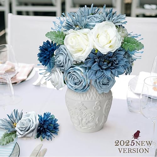 Miniatura 3 de AUSOGO Flores artificiales azules mezcla de seda flores falsas con tallo para bricolaje ramos de arco de boda baby shower centros de mesa fiesta