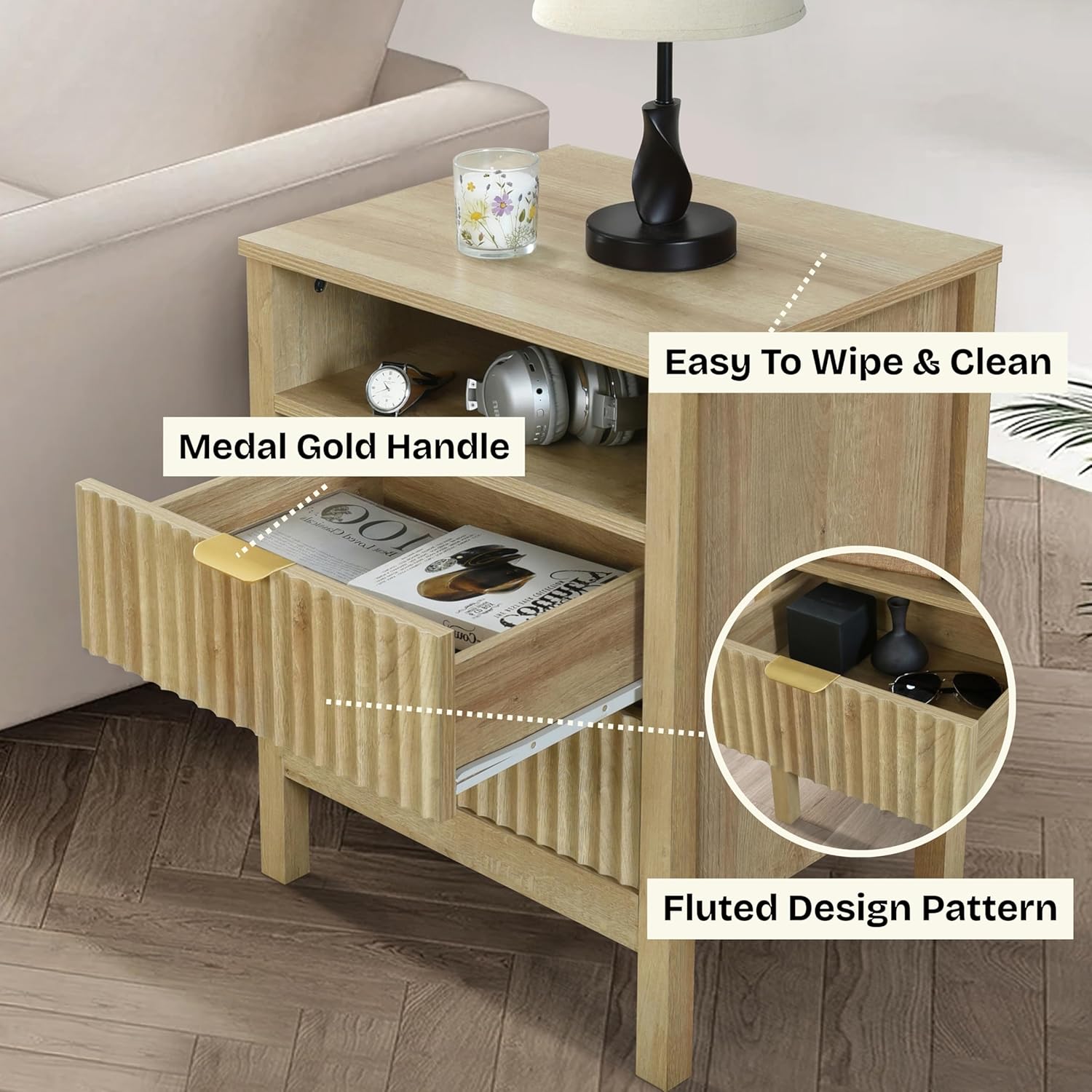 ELISA HOME Lagoon 2 Drawer Nightstand, Bedside Table with Storage Drawers, Night Stand for Bedroom, End Table or Side Table for Living Room, 15.7" D x 18.9" W x 24" H, Beige