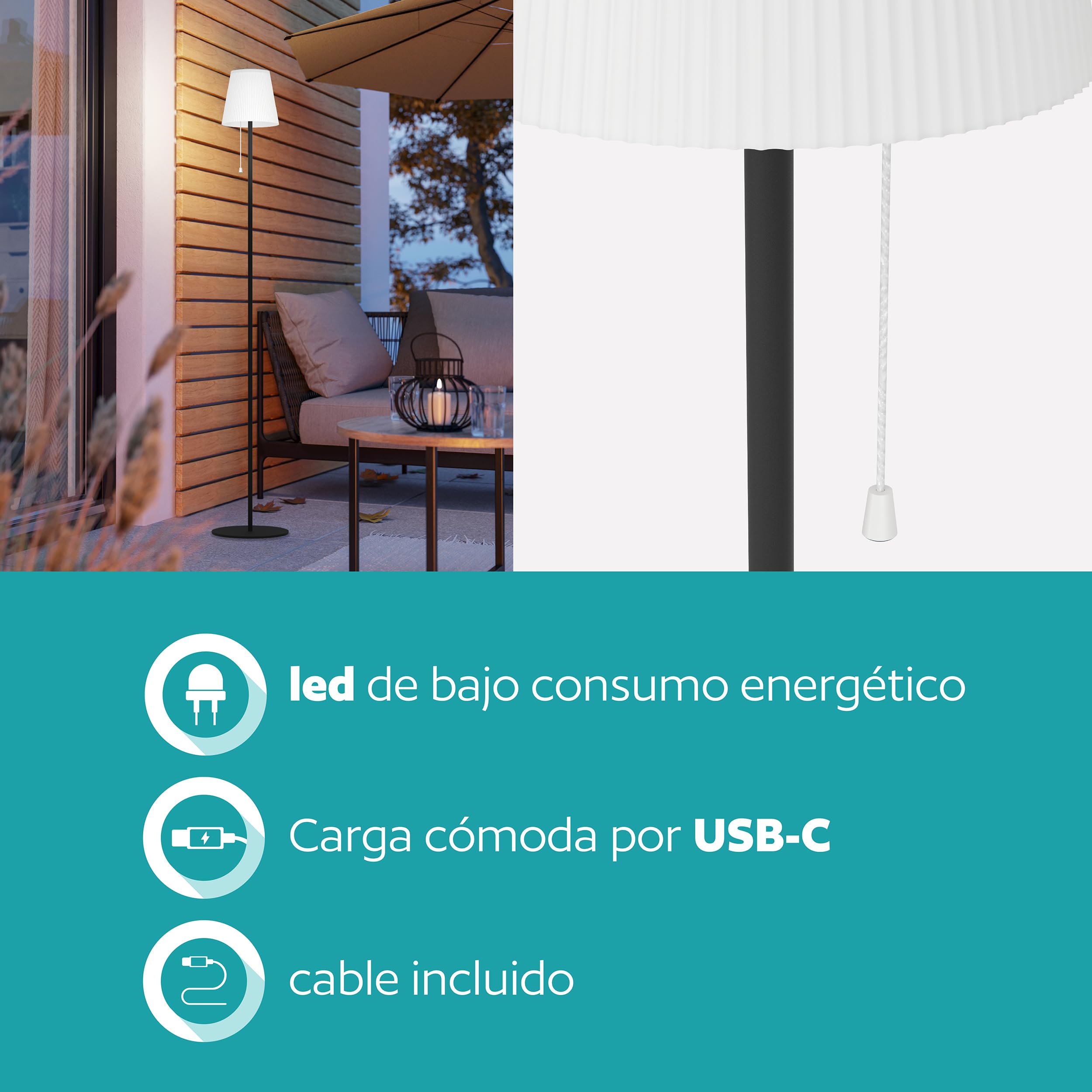 EGLO Scordiano Lámpara solar de pie, con batería, con interruptor de cadena | inalámbrica para interior y exterior, acero negro, plástico blanco, blanco cálido, blanco frío, IP44