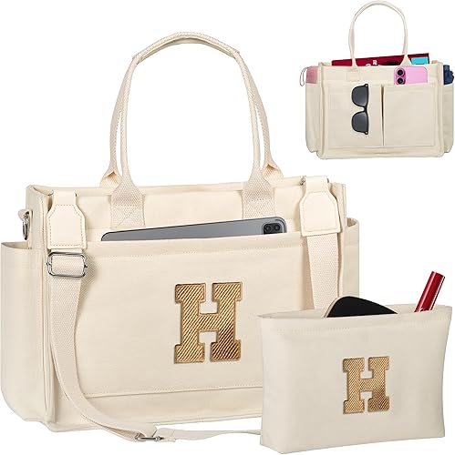 Miniatura 85 de Easter Basket Stuffers, Initial Tote Bag with Makeup Bag, Birthday Gifts for Women, Teen Girl Gifts Trendy Stuff Beige,Negro