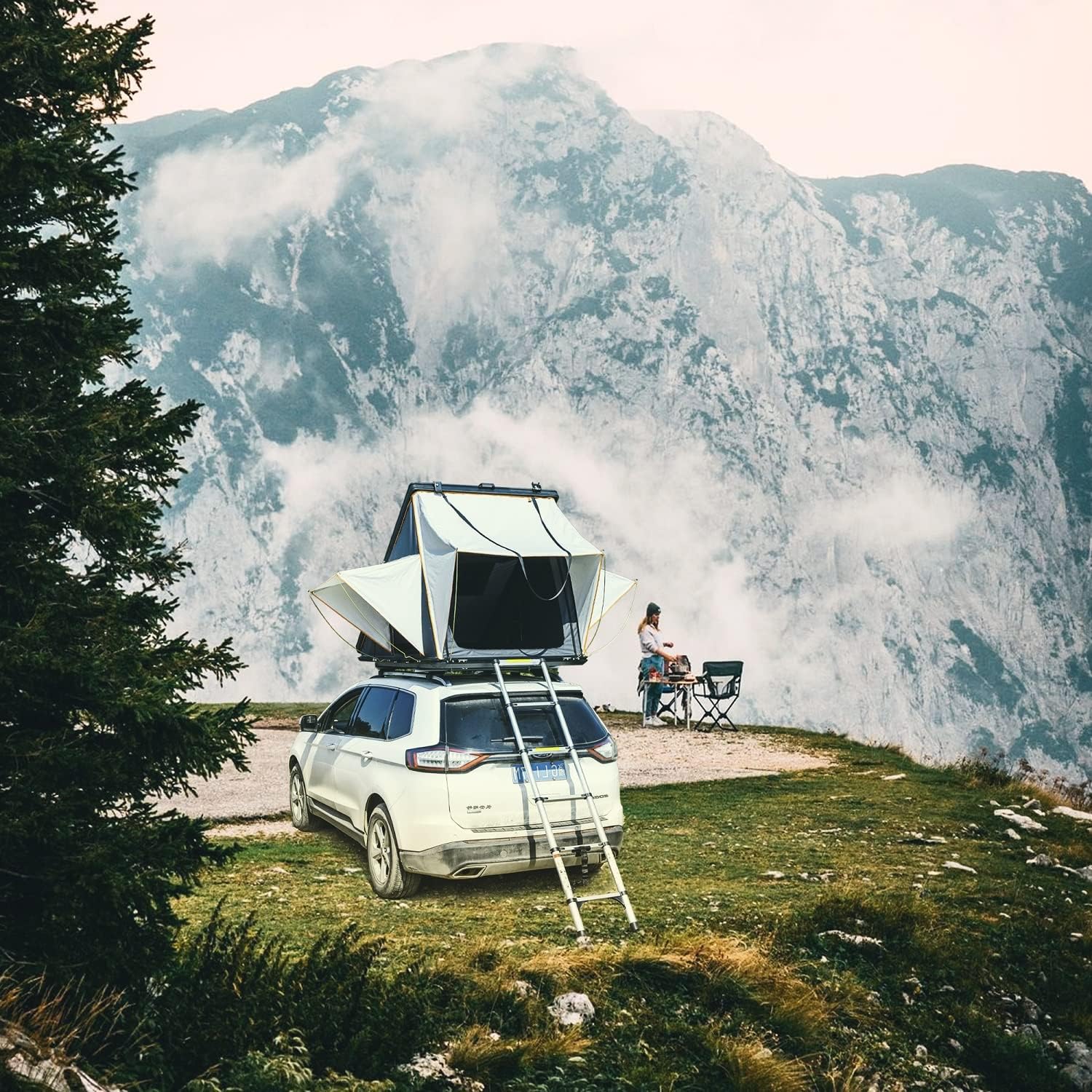 All Season Rigid Triangular Rooftop Tent for Cars, Trucks, Camping Trips for 2-3 Persons with Ladder and Tent Waterproof and Windproof p