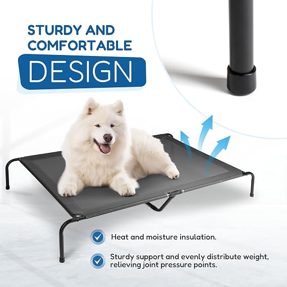 FluffyDream Cooling Elevated Dog Cot Bed Outdoor Raised Portable Dog Beds No-Slip Feet Portable Durable Pet Hammock Bed, 60x37x9 Inch, Black