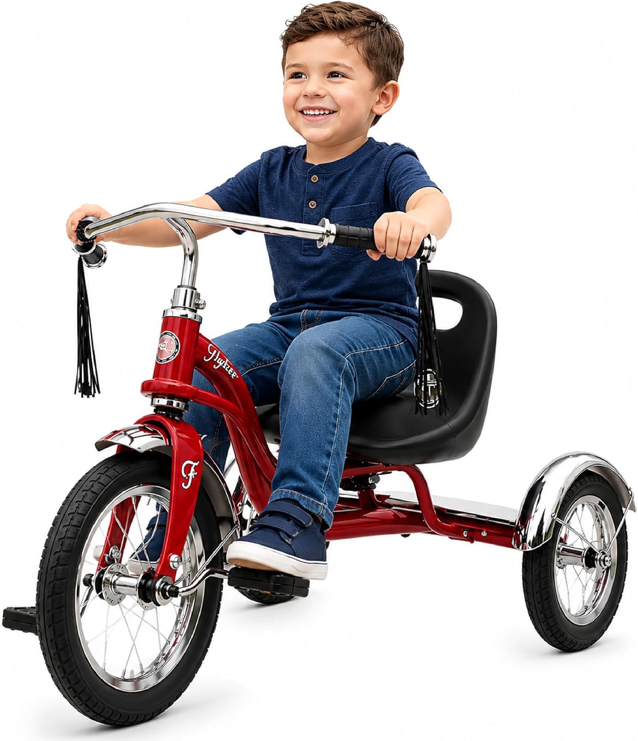 Flybar Kids Classic 3-Wheel Tricycle Outdoor Ride-On Toddlers Ages 2-4, Red | Adjustable seat, steel frame, chrome handlebars, rear step and broad tires support balance during family adventures and play