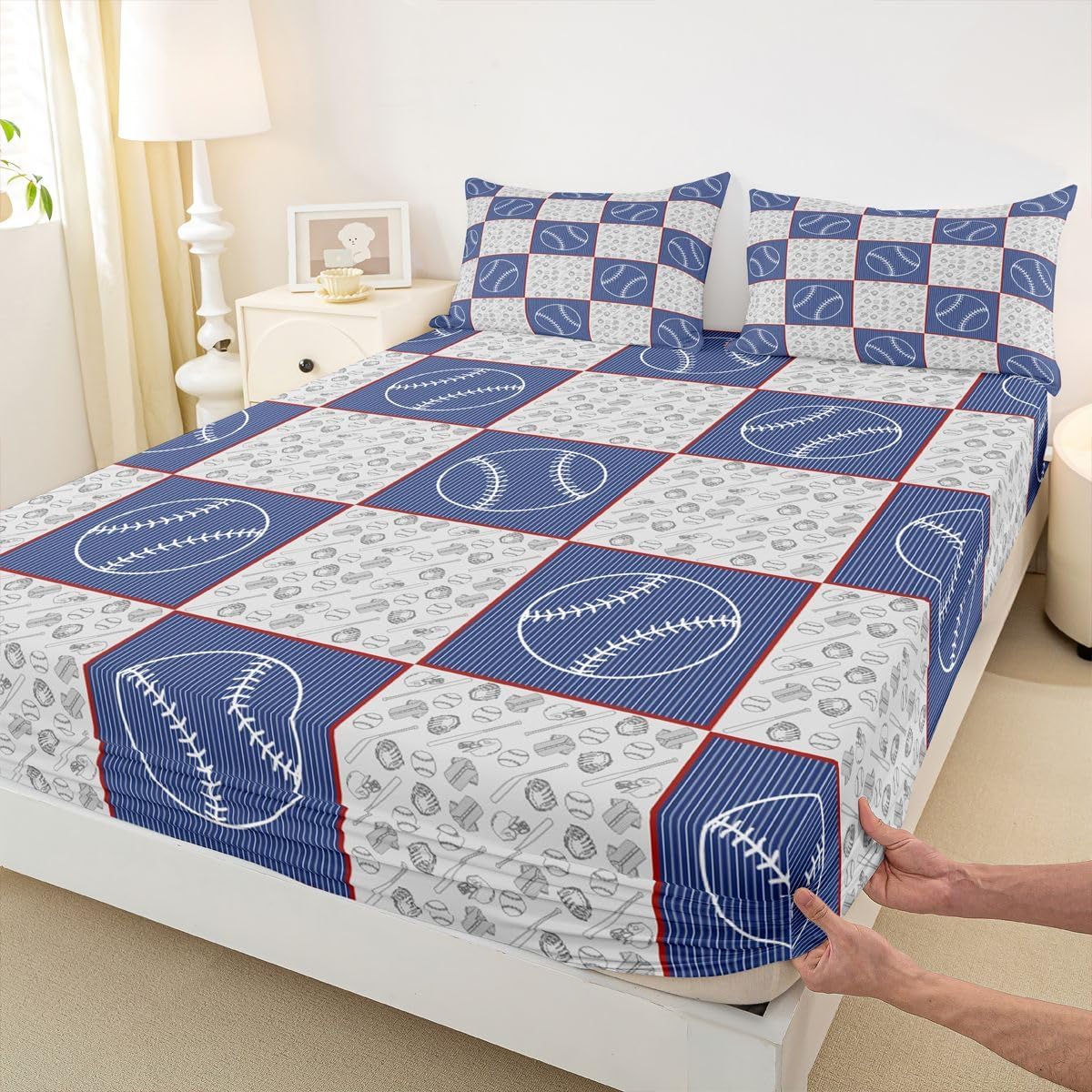 Vintage Baseball Top Flat Sheet Queen Size,Baseball Bat Cap Bedding Sets 4Pcs for Kids Girls Boys Teens Room Decor,Sports Equipment Fitted Sheets Patchwork Plaid Sheet(Fitted+Flat+2 PIllowcases)