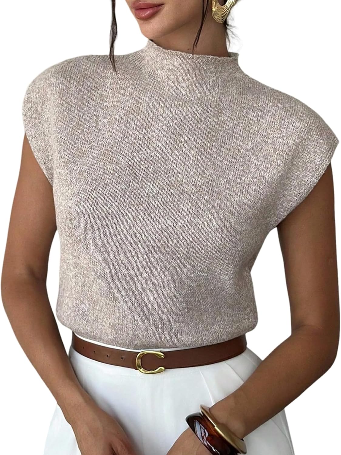 ZAFUL Women's Mock Neck Sweater Vest Cap Sleeve Casual Knit Pullover Tank Outfits Tops