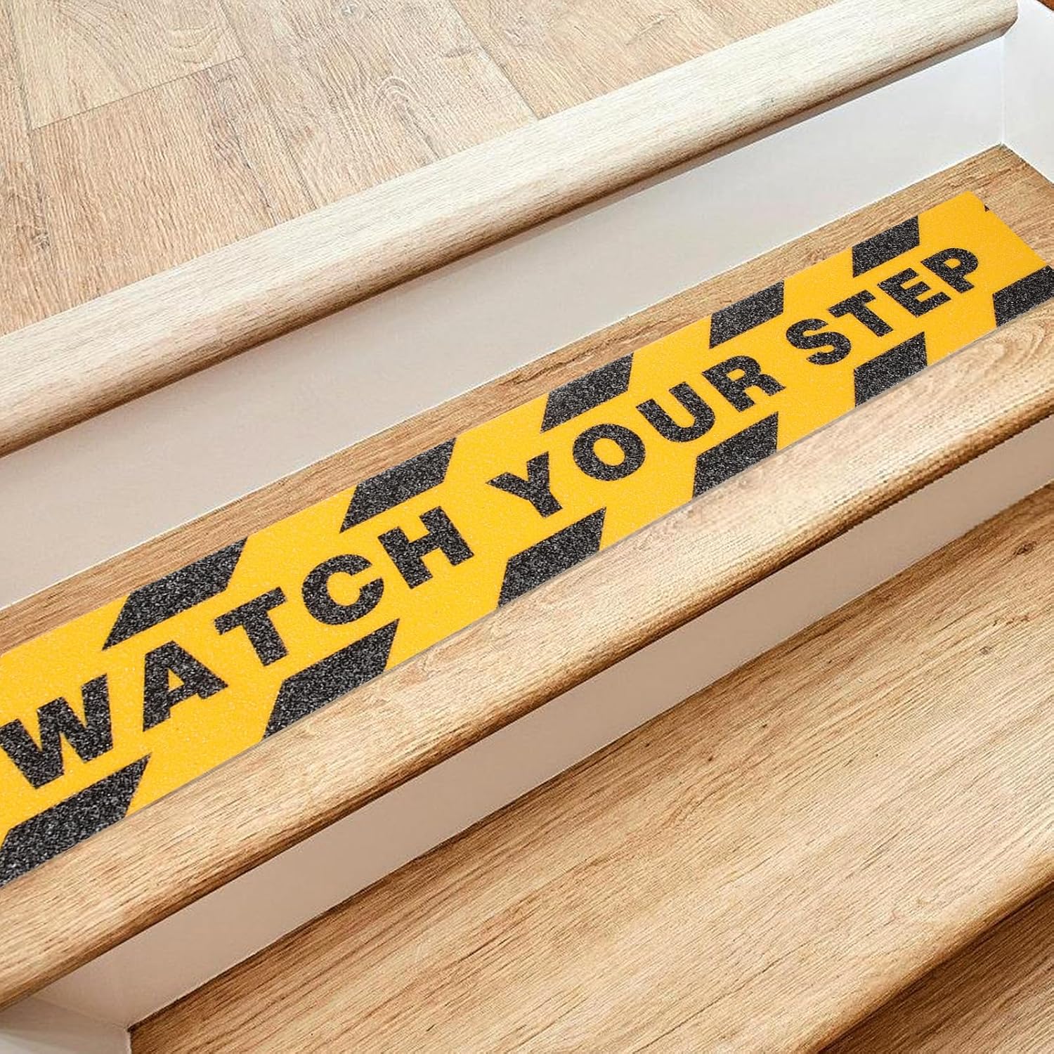 Safety Tape for Steps Non Skid Strip Anti-slip Adhesive Stair Tape with Printed Warning Watch Your Step Black Yellow Matte Finish for Indoor and Outdoor Use