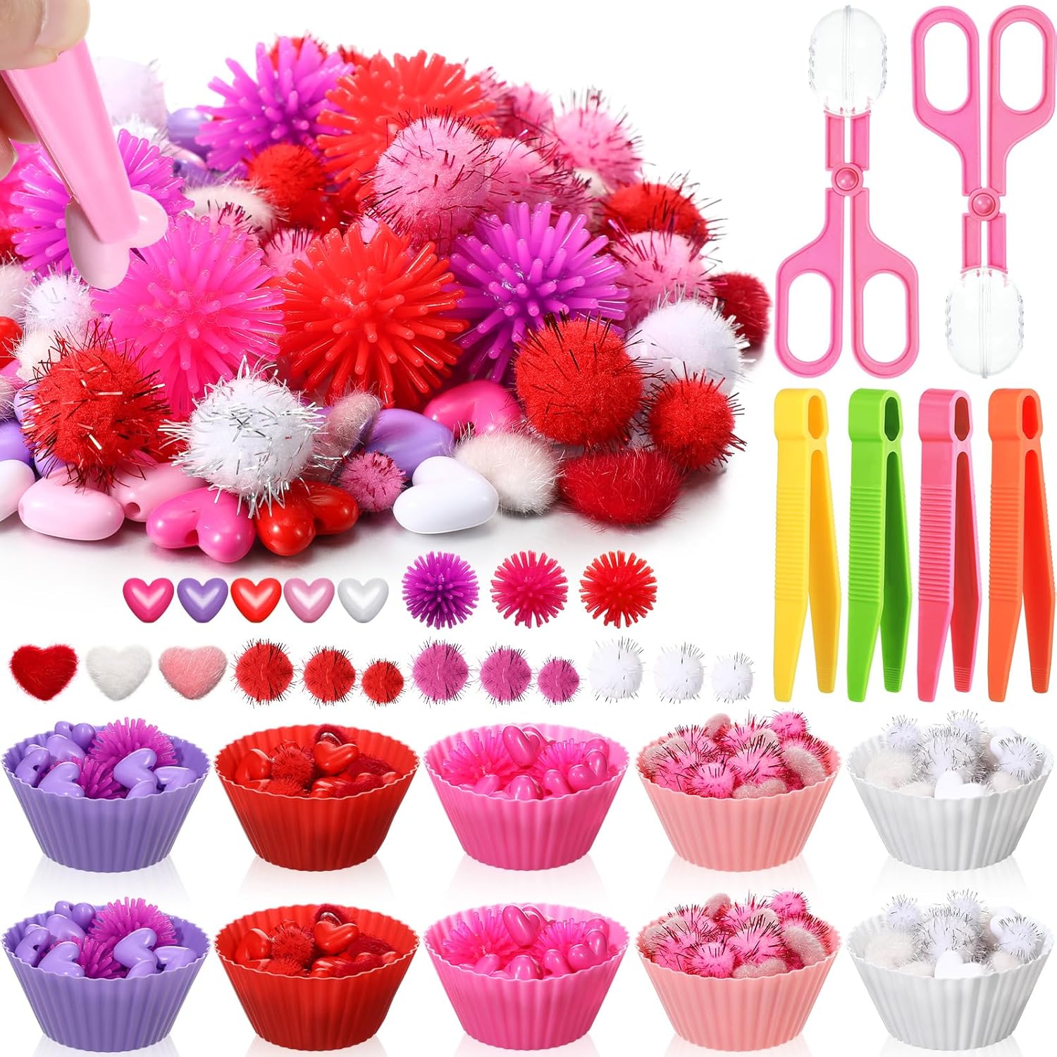 752 Pcs Valentine Fine Motor Skills Sensory Bin Filler Includes 100 Heart Acrylic Gems 618 Pom Pom 18 Hedge Balls 4 Tweezers 2 Scissors Clips 10 Sorting Bowls for Boys Girls Sorting Counting