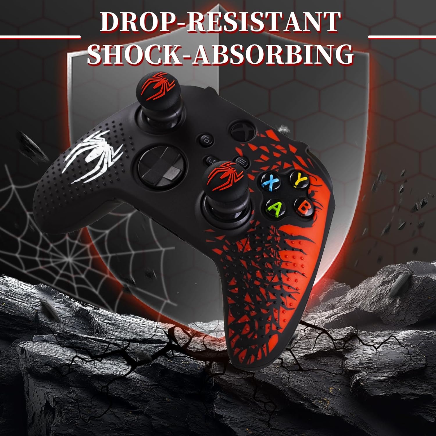 PlayRealm Silicone Skin Cover Sticker x 1 & Extender Grips x 2 for Xbox Series/One Controller Spider Edition Red