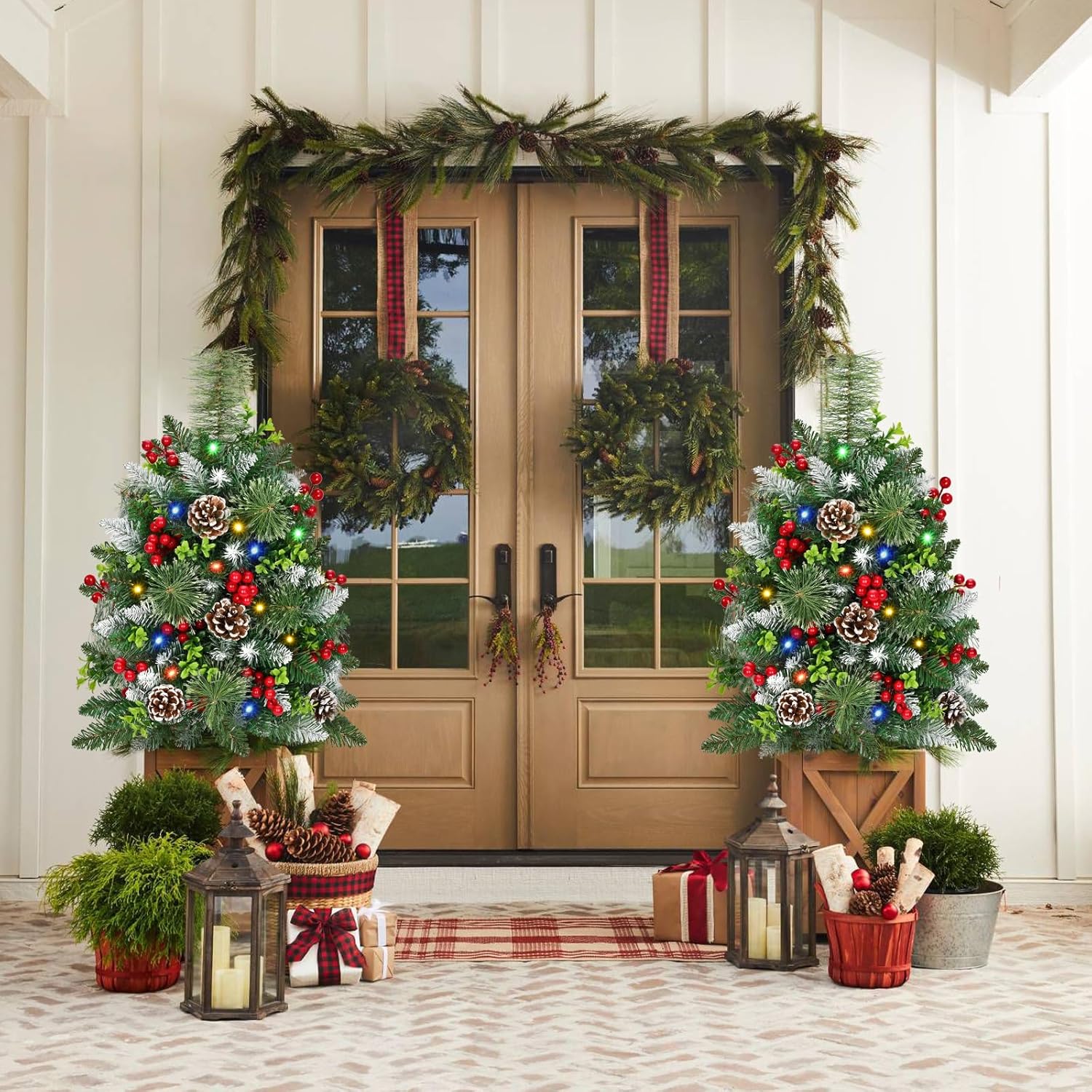 Waipfaru 2 Pack Prelit Outdoor Christmas Trees for Porch, 24.5" Small Christmas Tree with Lights Pr, Urn Filler Front Porch Decor with Remote, Christmas Porch Decorations for Home & Yard (Green