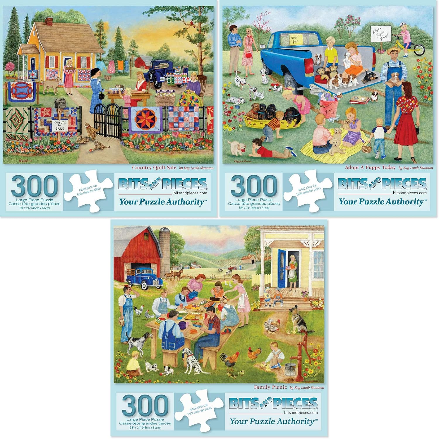 Bits and Pieces - Value Set of 3-300 Piece Jigsaw Puzzles for Adults – 300 pc Large Piece Puzzle Set by Artist Kay Lamb Shannon - 18" x 24"