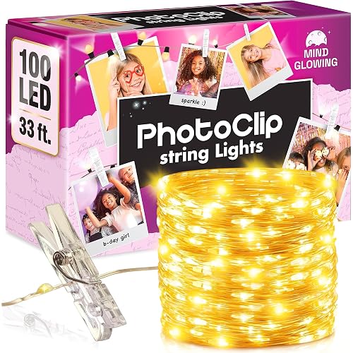 Photo Clip String Lights, Warm White (100 LED, 33 ft) | 8 Twinkle Modes, USB or Battery, Auto Off Timer, Fairy Lights for Teen Girl Room Decor, Trendy Birthday Gift for Tween Girls
