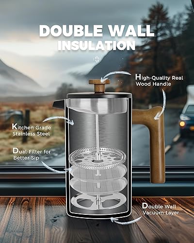 Miniatura 5 de POLIVIAR - Cafetera de prensa francesa, prensa de café de 34 onzas con mango de madera real, aislamiento de doble pared y pantalla de doble filtro,