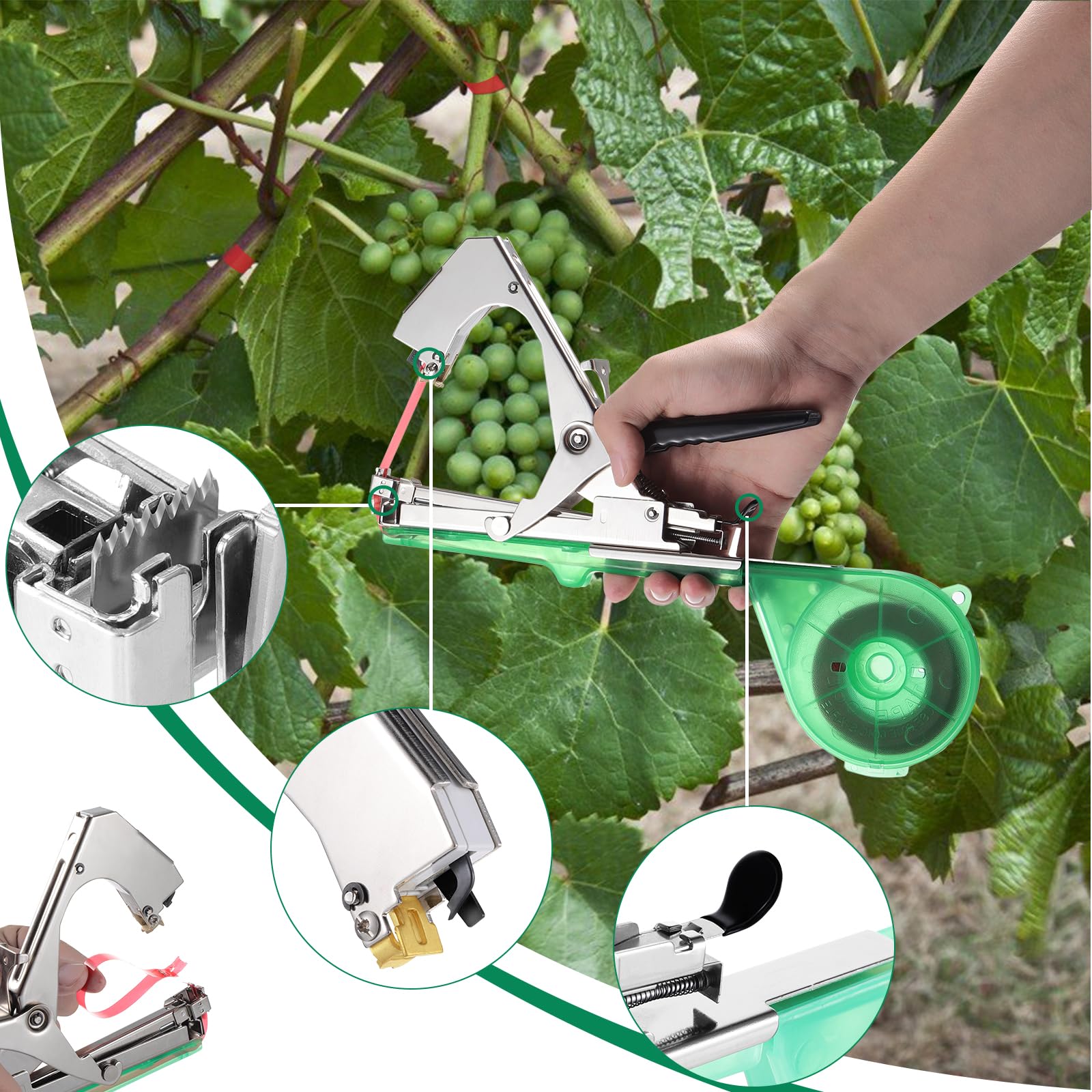 Machine à Attacher Les Plantes, Machine à Taper Nouer Branches, Outil Jardinage Machine à Attacher, Machine à Nouer Les Plantes, Pince à Lier, 20 Rouleaux Ruban Adhésif+10000 Agrafes, Vert