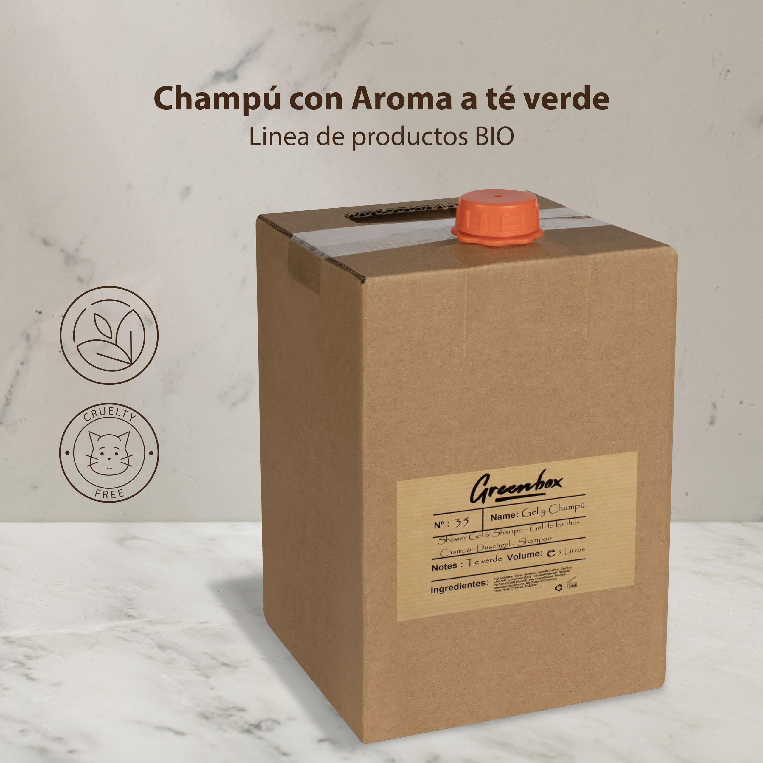 Recharge gel & shampoing en "bag in box" BIO - Gel douche et shampoing 2en1 à l'arôme thé vert, 5L. Emballage et poignée de transport écologiques. Économisez de l'argent et aidez l'environnement.