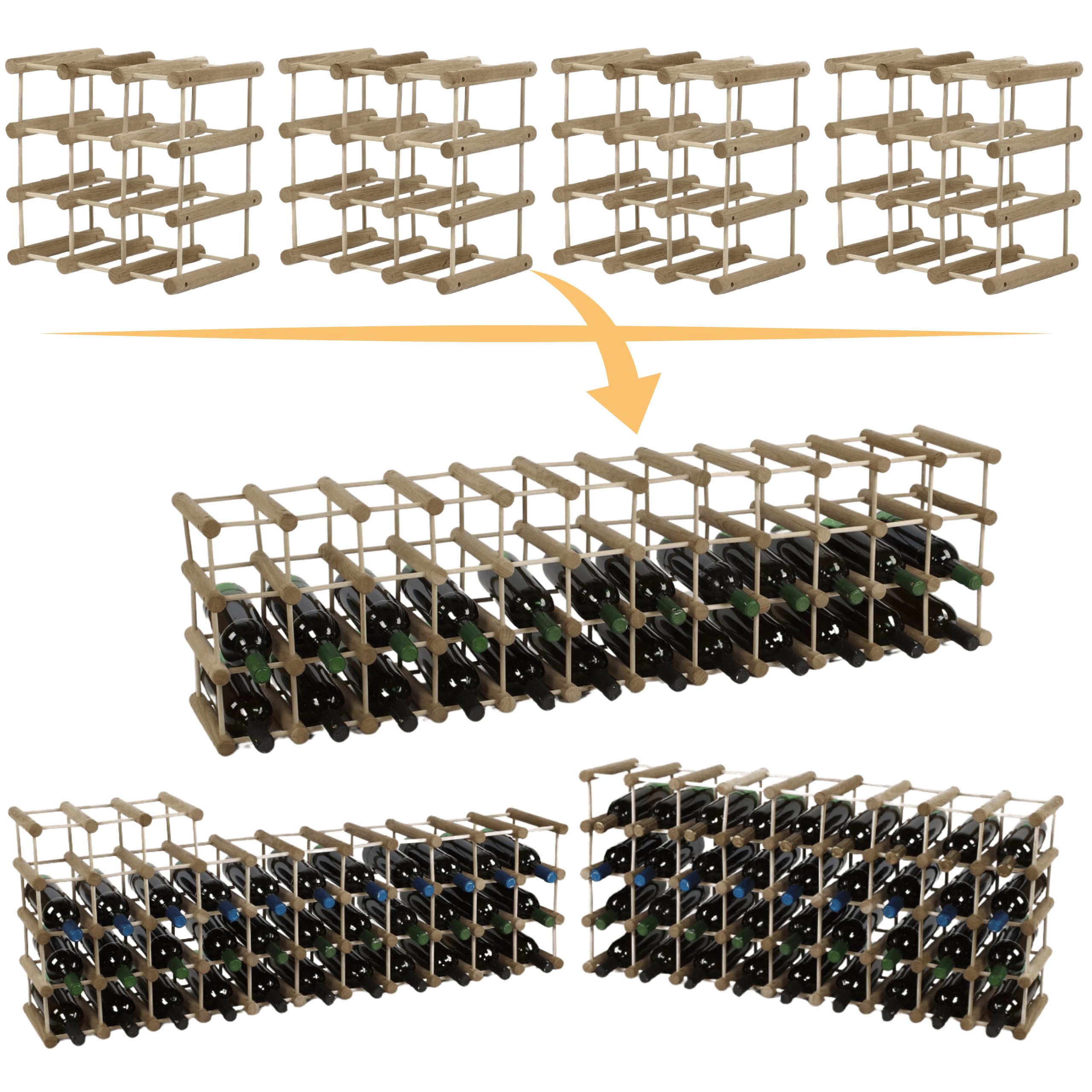 Weinregal Modular Eiche Massivholz 56 Flaschen, 4 Module, Nat. geölt