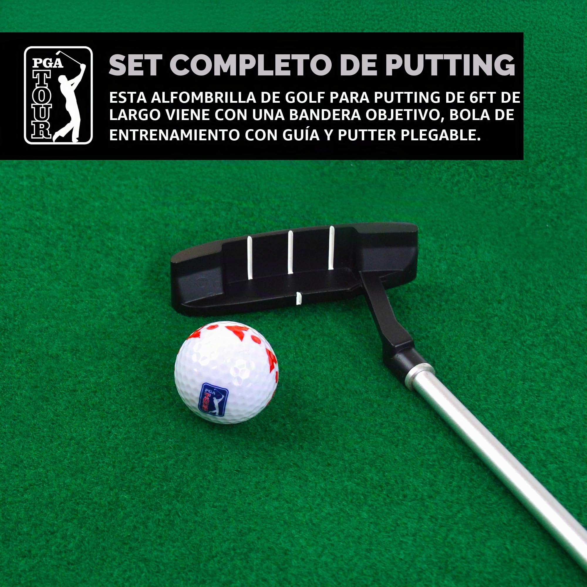 PGA Tour 6ft Putting Mat with Collapsible Putter & Alignment Guide Golf Ball