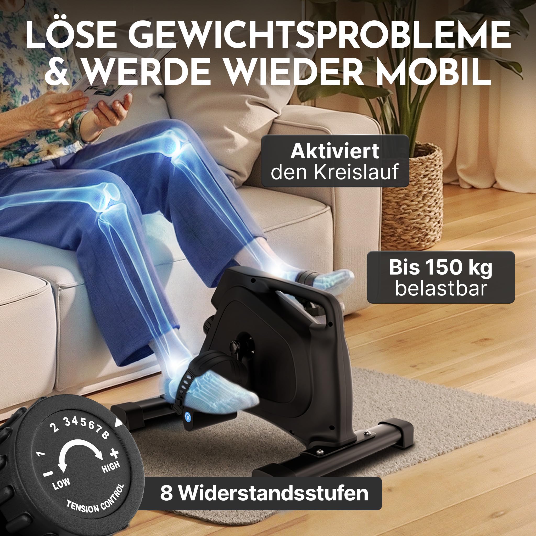 NEOLYMP Pedaltrainer TÜV geprüft gelenkschonender Beintrainer im Sitzen für Senioren Widerstandstrainer mit Display 8 Stufen Magnetbremse