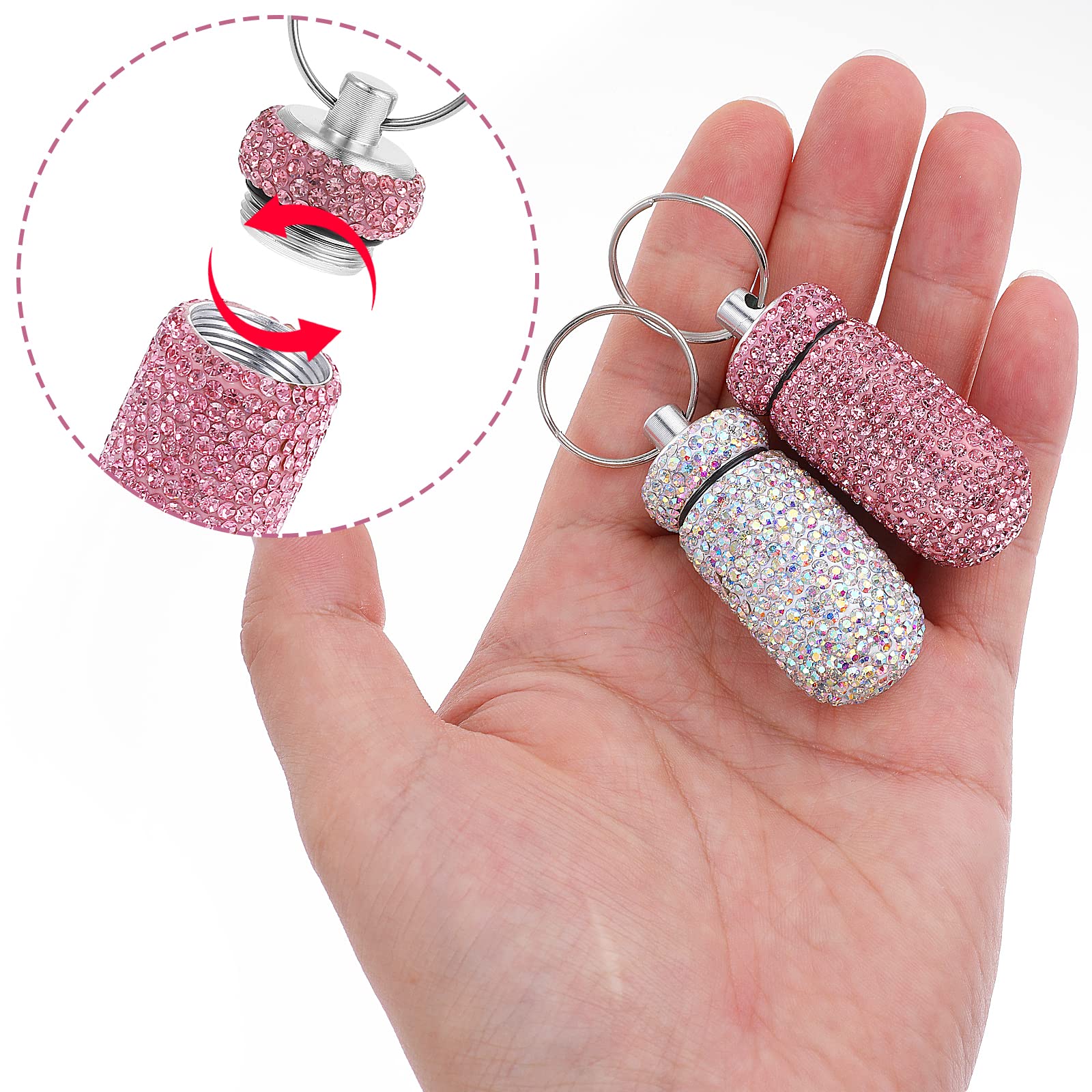 Cobee Contenedor de píldoras brillante, impermeable, portátil, mini pastillero de cristal, caja de almacenamiento con llavero para viajes al aire libre y camping