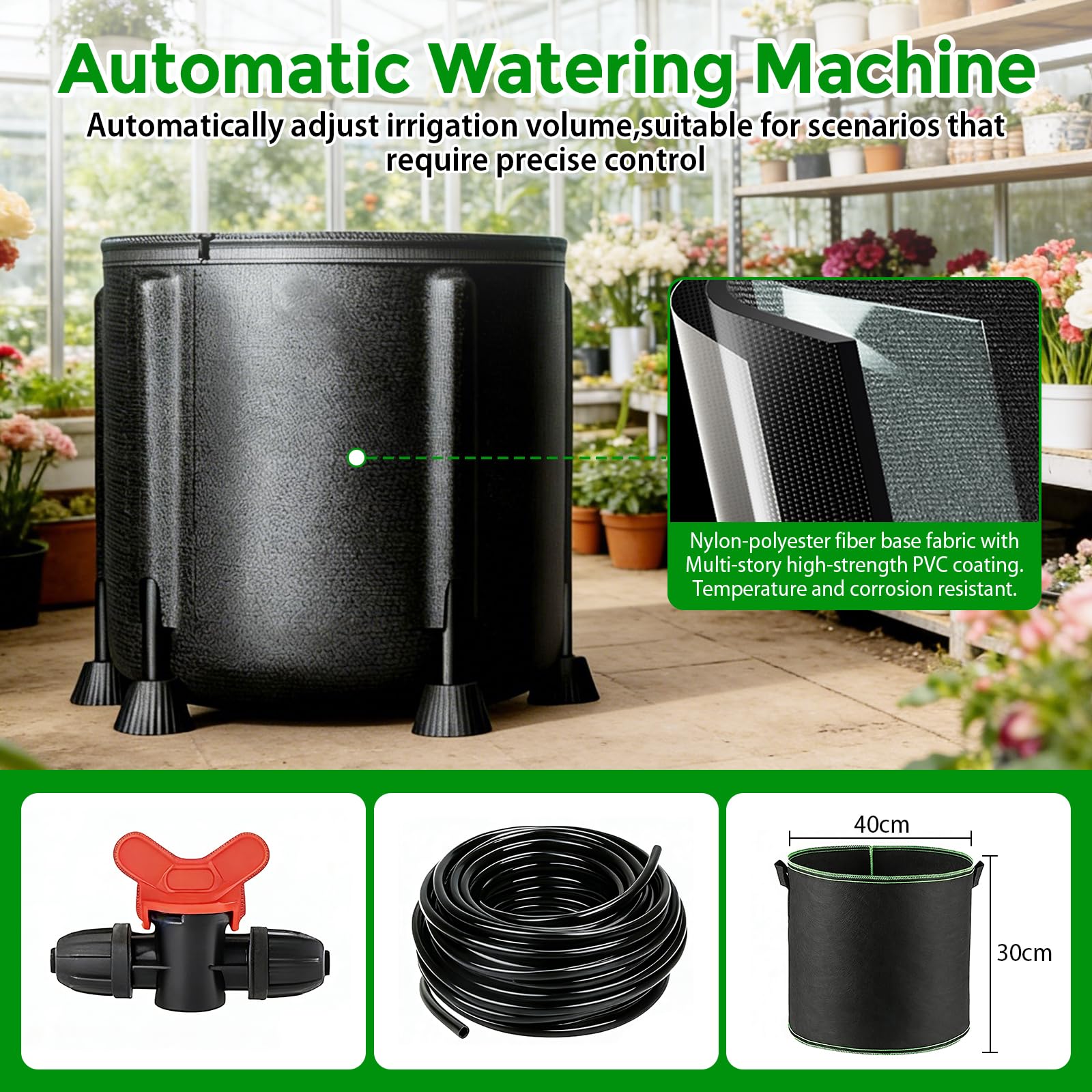 Système d'irrigation automatique, kit d'irrigation goutte à goutte avec pompe à eau de 15 W et seau de 50 litres, 4 sacs de plantation en tissu non tissé, système d'irrigation de vacances pour jardin
