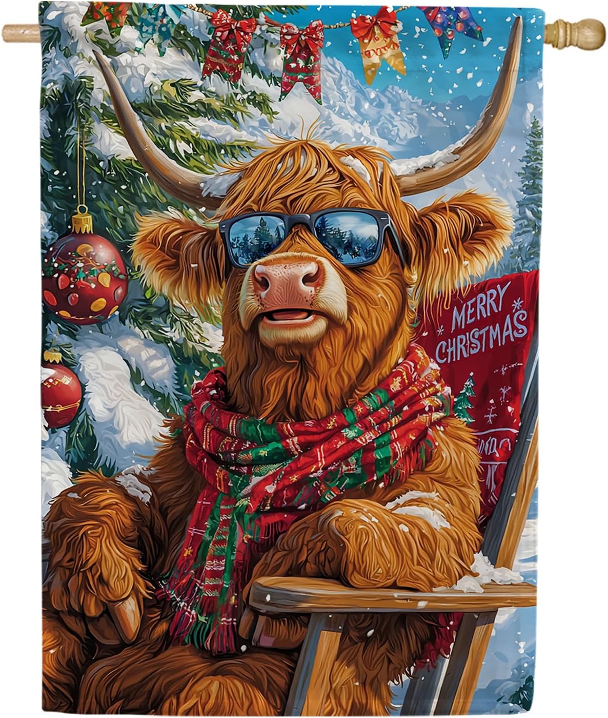 America Forever Christmas Highland Cow House Flag 28 x 40 inches Double Sided cow flag Festive Winter Decor Outdoor Seasonal Flags for Yard Lawn